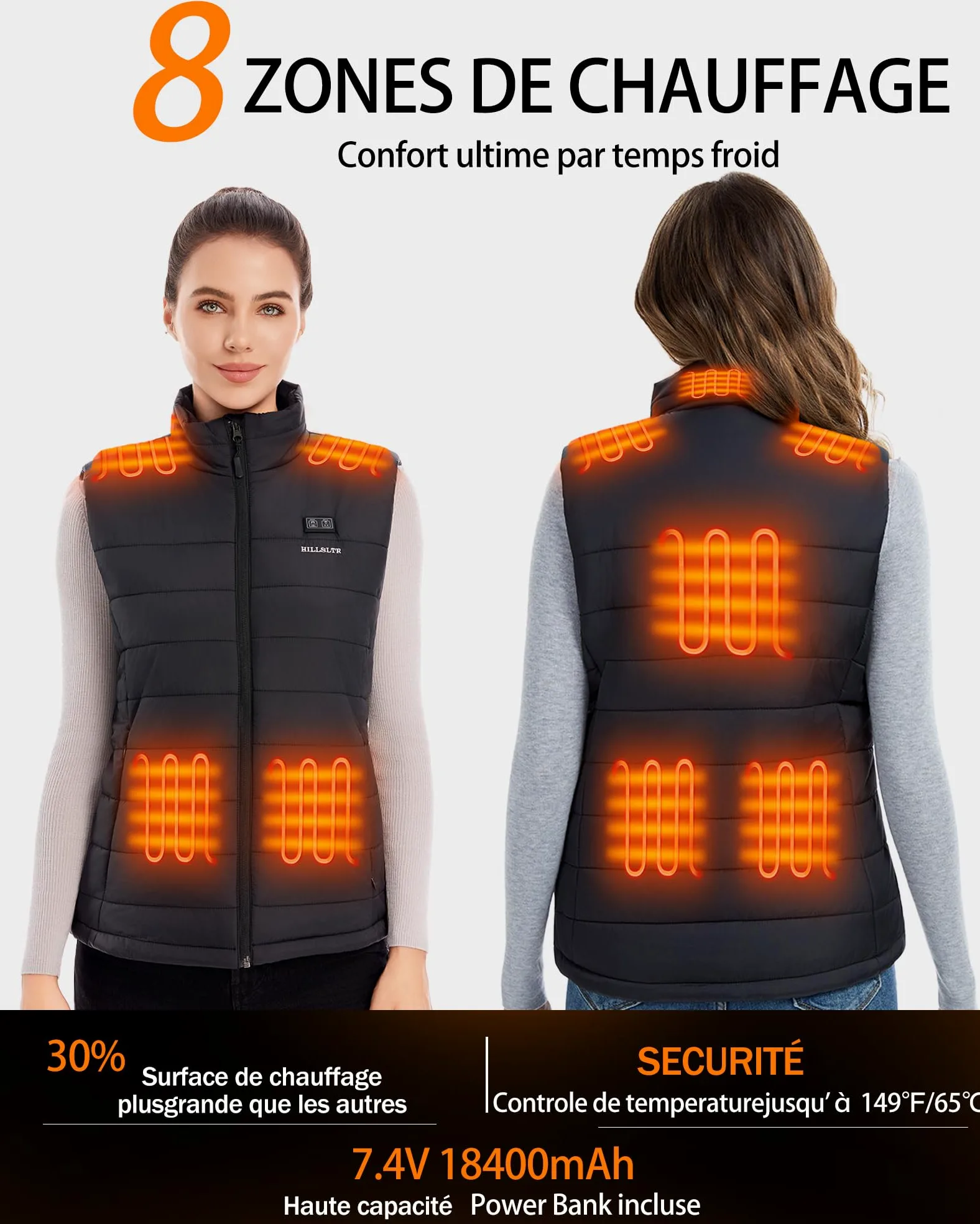 Gilet Chauffant Femme avec Batterie 7.4V 18400mAh – Gilet Chauffant Électrique Léger, Lavable en Machine, Veste Chauffante Léger Déperlant pour Hiver