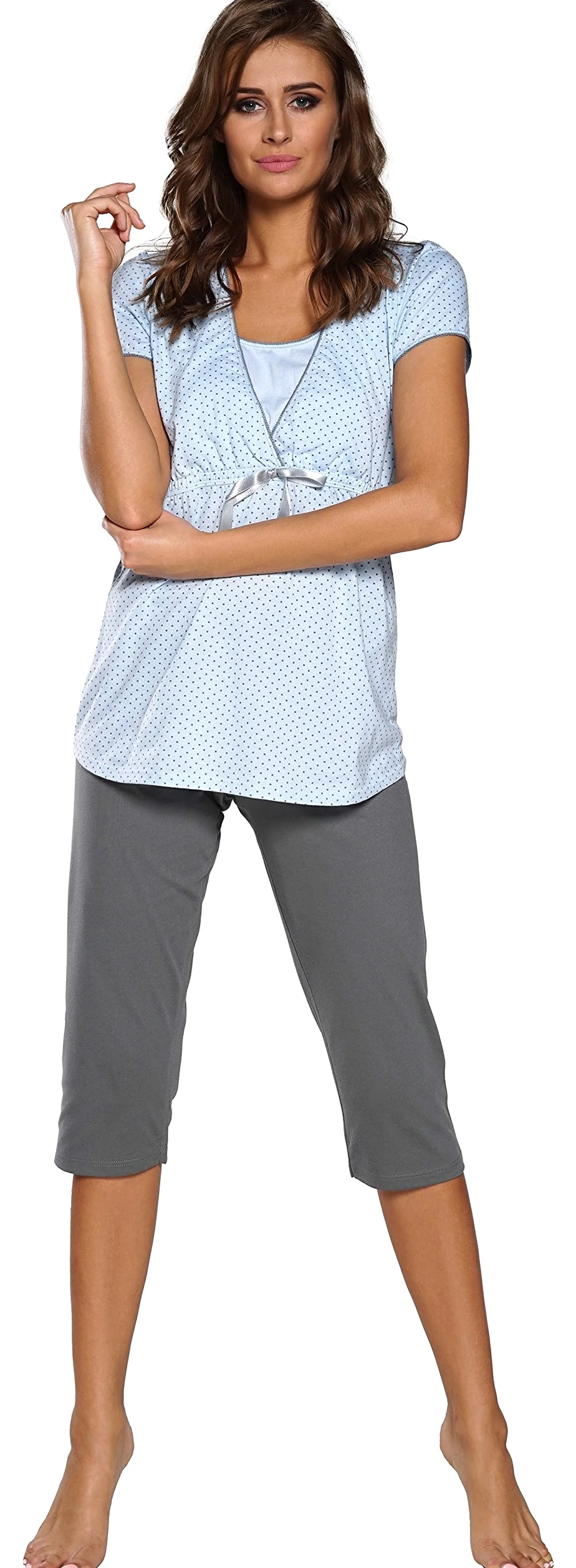 Italian Fashion Pyjama Femme Enceinte | Pyj' Allaitement Coton | Tenue Maternité Accouchement | 2 Pièces avec T-Shirt Manches Courtes & et 3/4 Pantalon | Pyjama Grossesse et Maternité S-XXL