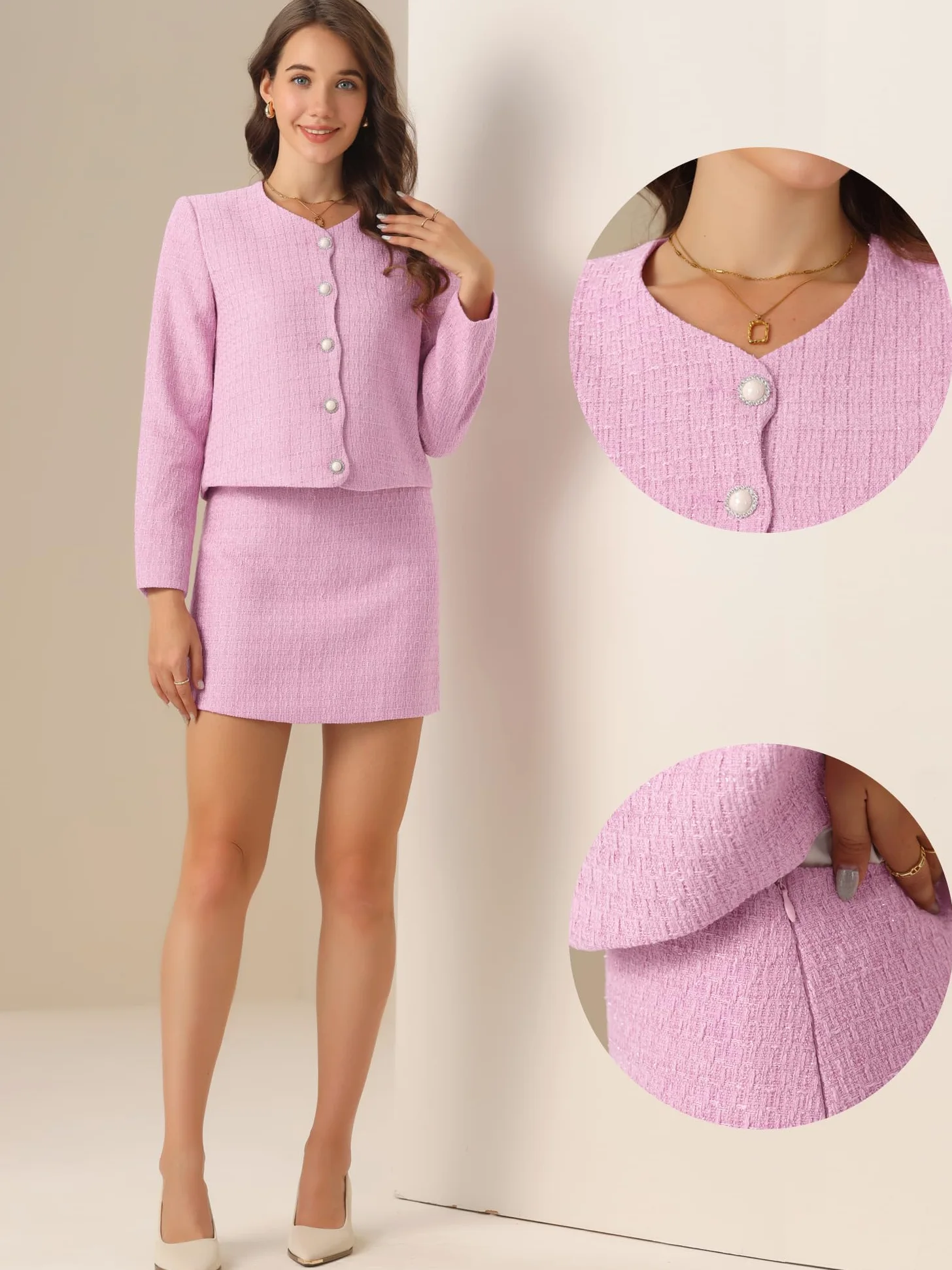 Allegra K Ensemble Blazer enTweed Femme Costume 2 Pièces Élégant Ensemble avec Jupe Moulante et Blazer Col Rond Boutonné Tailleur d'affaires
