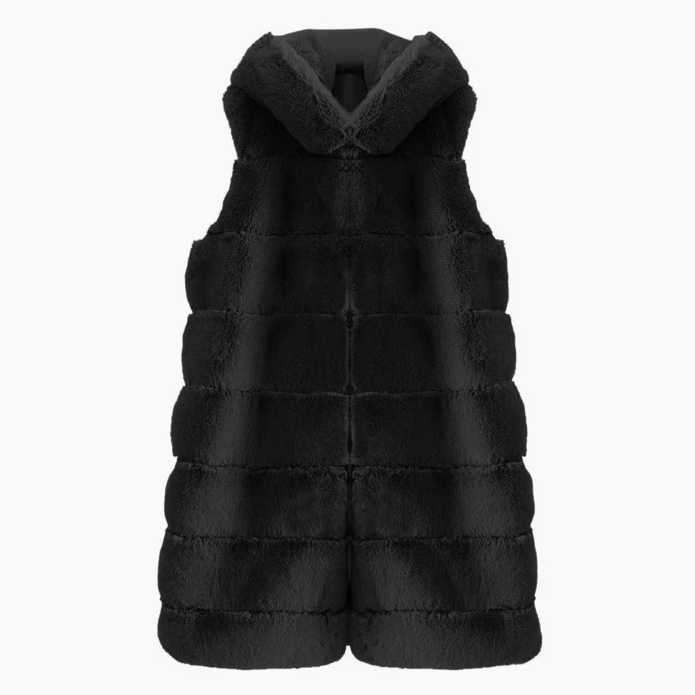 Gilet en fourrure synthétique pour femme - Élégant - Sans manches - Sans manches - Veste d'hiver chaude - Avec capuche