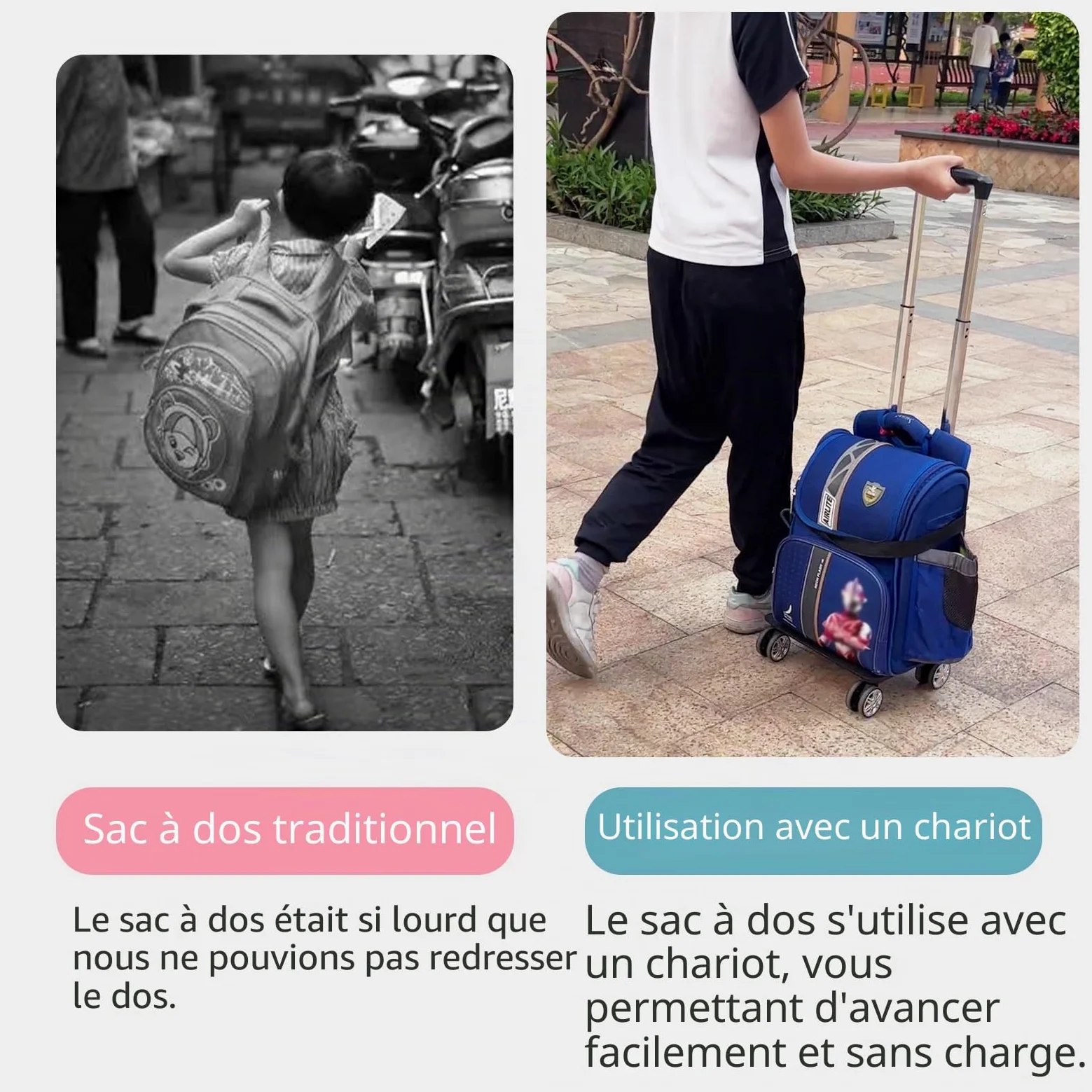 Chariot à dos à roulettes avec sangle de bagage, chariot pliable en alliage d'aluminium pour cartable, sac à dos, chariot de voyage