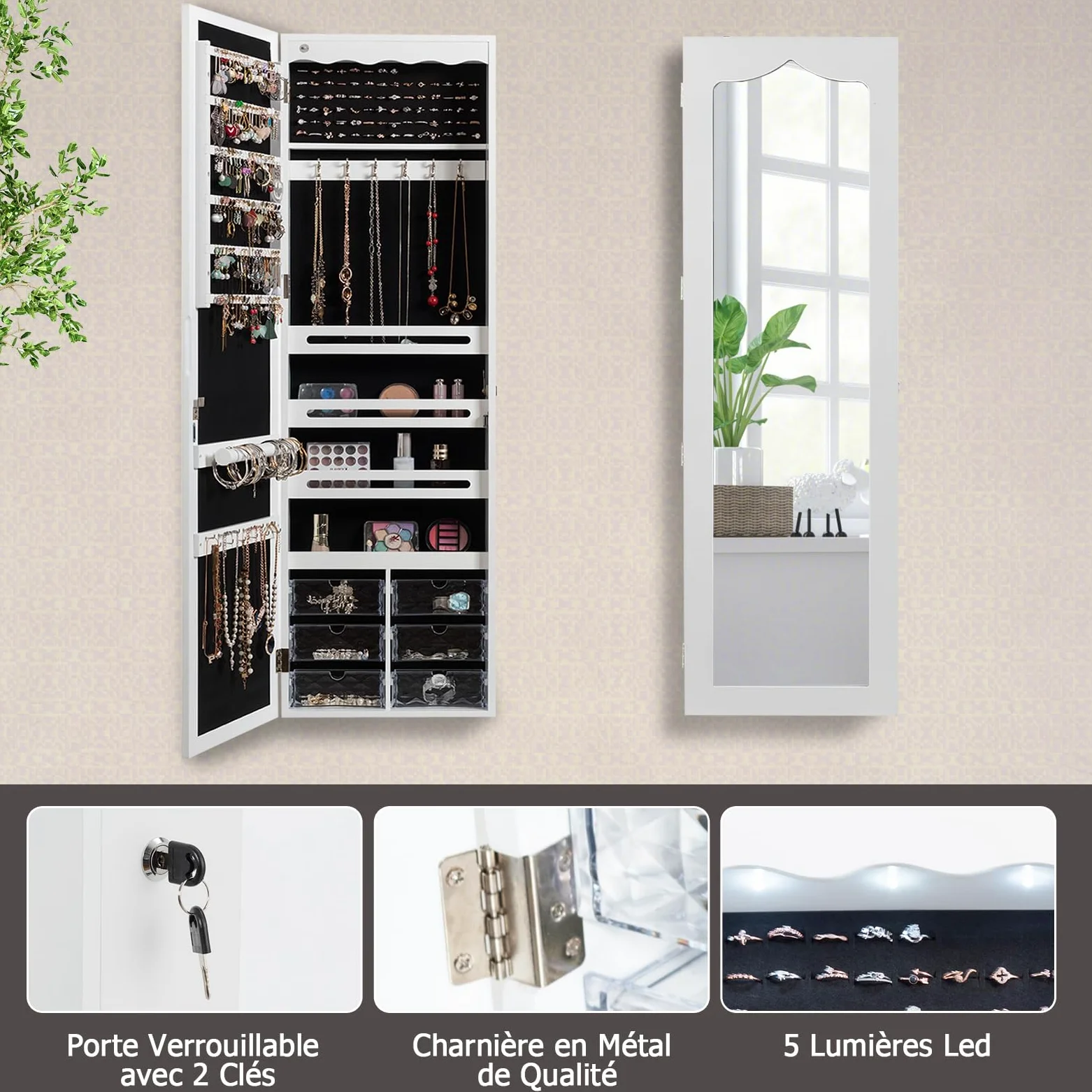 GOPLUS Armoire à Bijoux Mural avec Miroir et Lumière LED, Armoire de Rangement Mural, Accrochée à la Porte avec Serrure, Meuble de Rangement, Miror Porte-Bijoux 120 x 36,5 x 11,5CM, Blanc