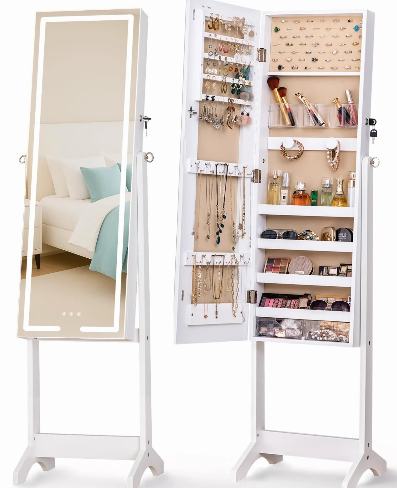 LUXFURNI Miroir LED sur pied, armoire à bijoux, miroir pleine longueur avec rangement de bijoux, 3 modes de couleur, 3 angles réglables, miroir de rangement verrouillable, blanc