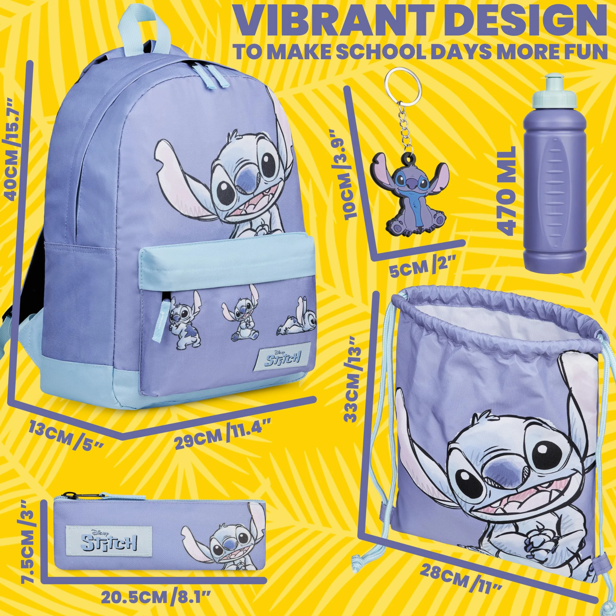 Disney Stitch Sac a Dos Fournitures Scolaires Lot 5 Pièces avec Sac de Natation Trousse Bouteille d'eau et Porte-clés Cadeau Enfant