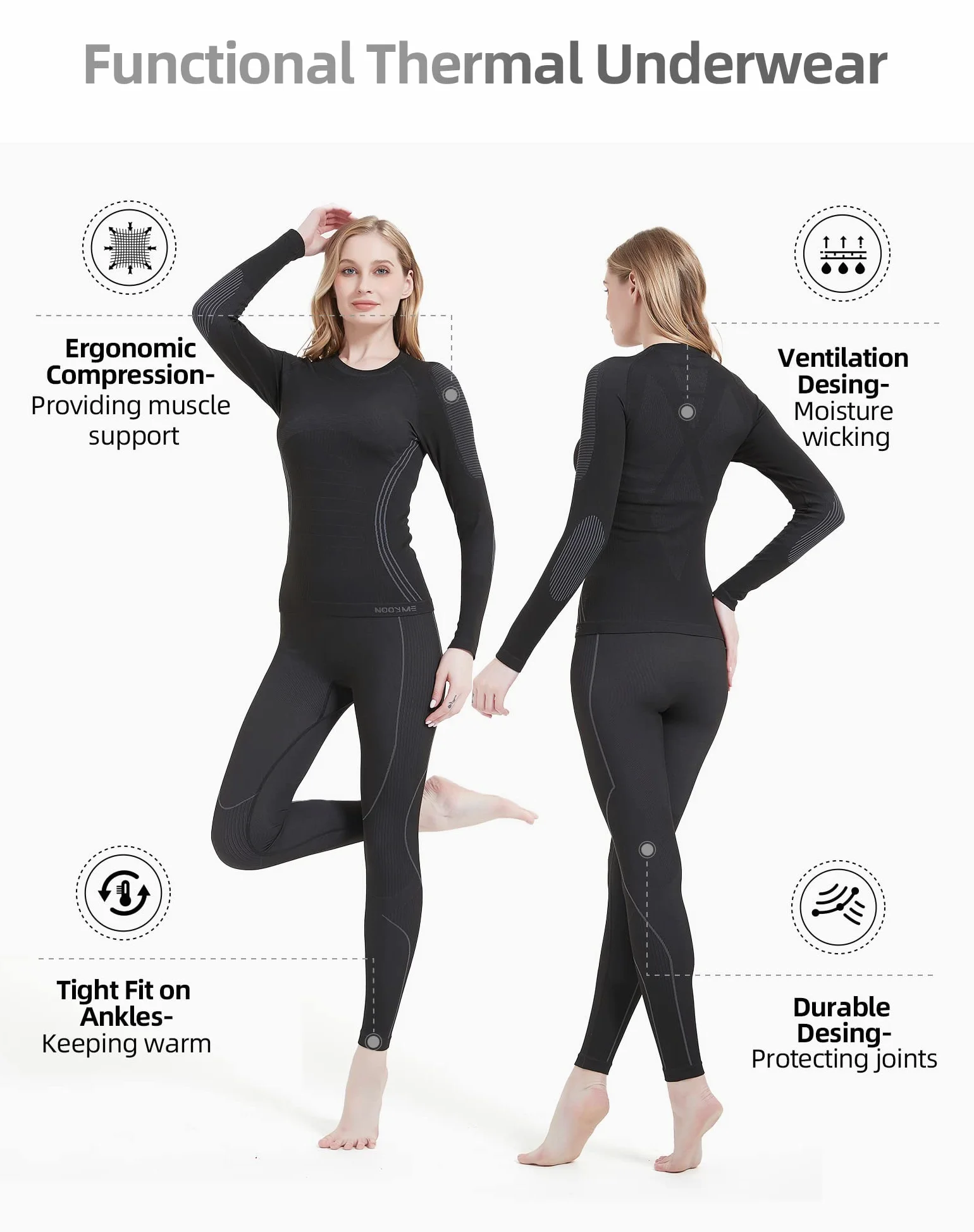 NOOYME sous Vetement Thermique Femme Fonctionnel Ensemble Ski Femme Antibactériens sous Vetement Chaud Femme Flexible Respirant Ensemble de Ski Femme Tenant Chaud pour Automne Hiver
