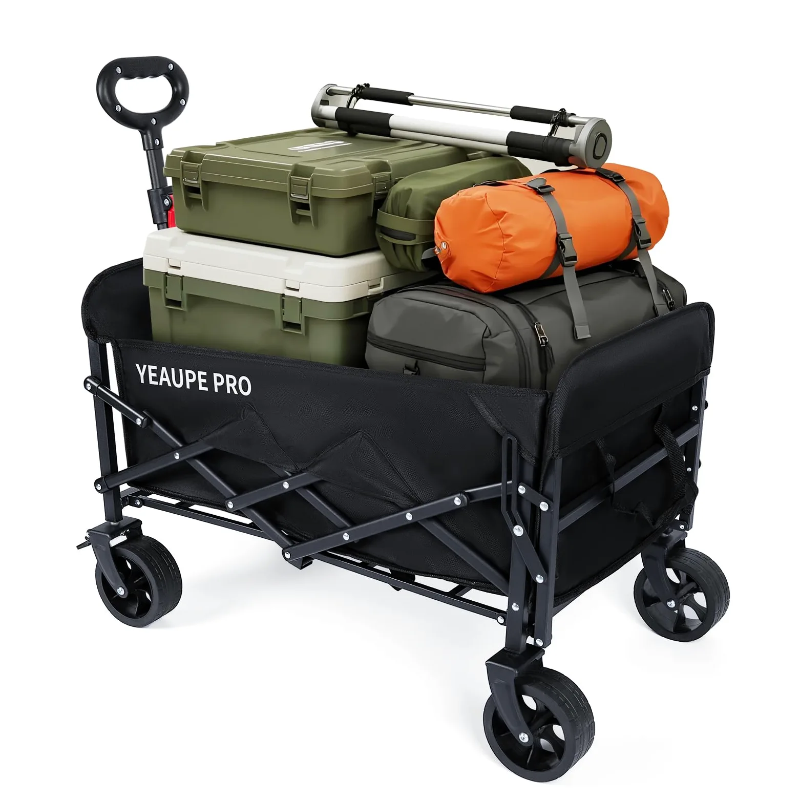 YEAUPE PRO Chariot de Plage Pliable Capacité Max. 125L 100KG, Chariot de Transport à roulettes Tout Terrain Poignée Réglable Charrette pour Extérieur Camping Pique, avec Poche intérieure