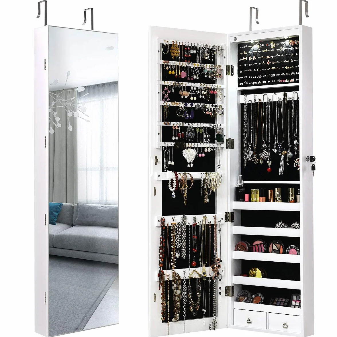 GIANTEX Armoire à Bijoux avec Miroir, Porte Bijoux Mural avec Lumière LED, Rangement avec Miroir Porte,Verrouillable (Blanc)