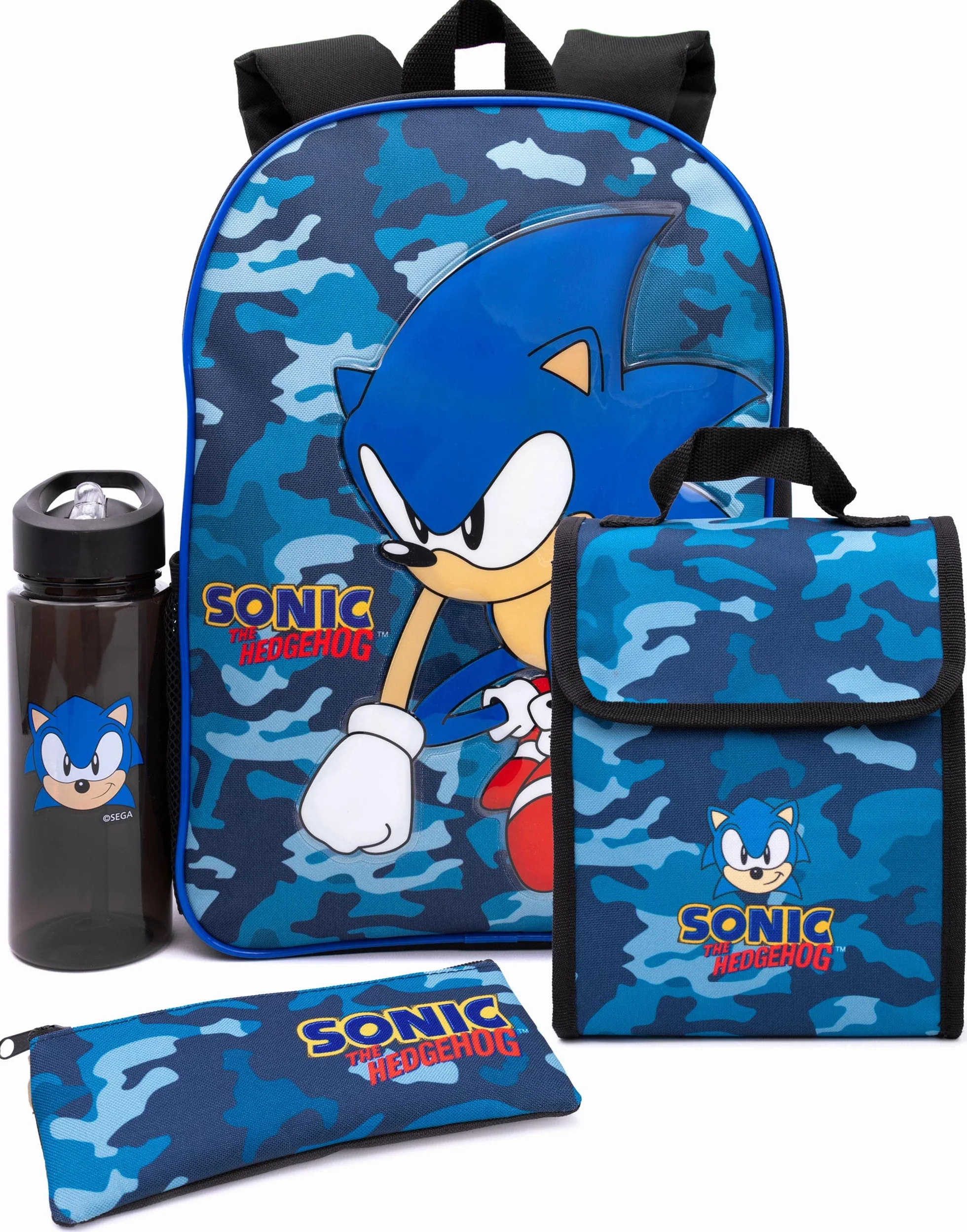 Sonic The Hedgehog Sac à dos pour garçons | Trousse d'école motif camouflage bleu marine | Bouteille d'eau | Marchandises de jeu