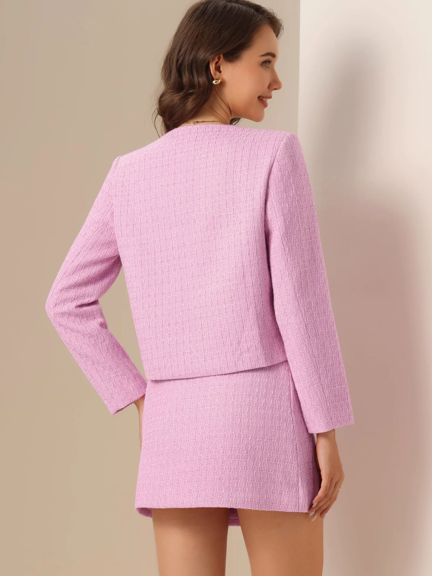 Allegra K Ensemble Blazer enTweed Femme Costume 2 Pièces Élégant Ensemble avec Jupe Moulante et Blazer Col Rond Boutonné Tailleur d'affaires