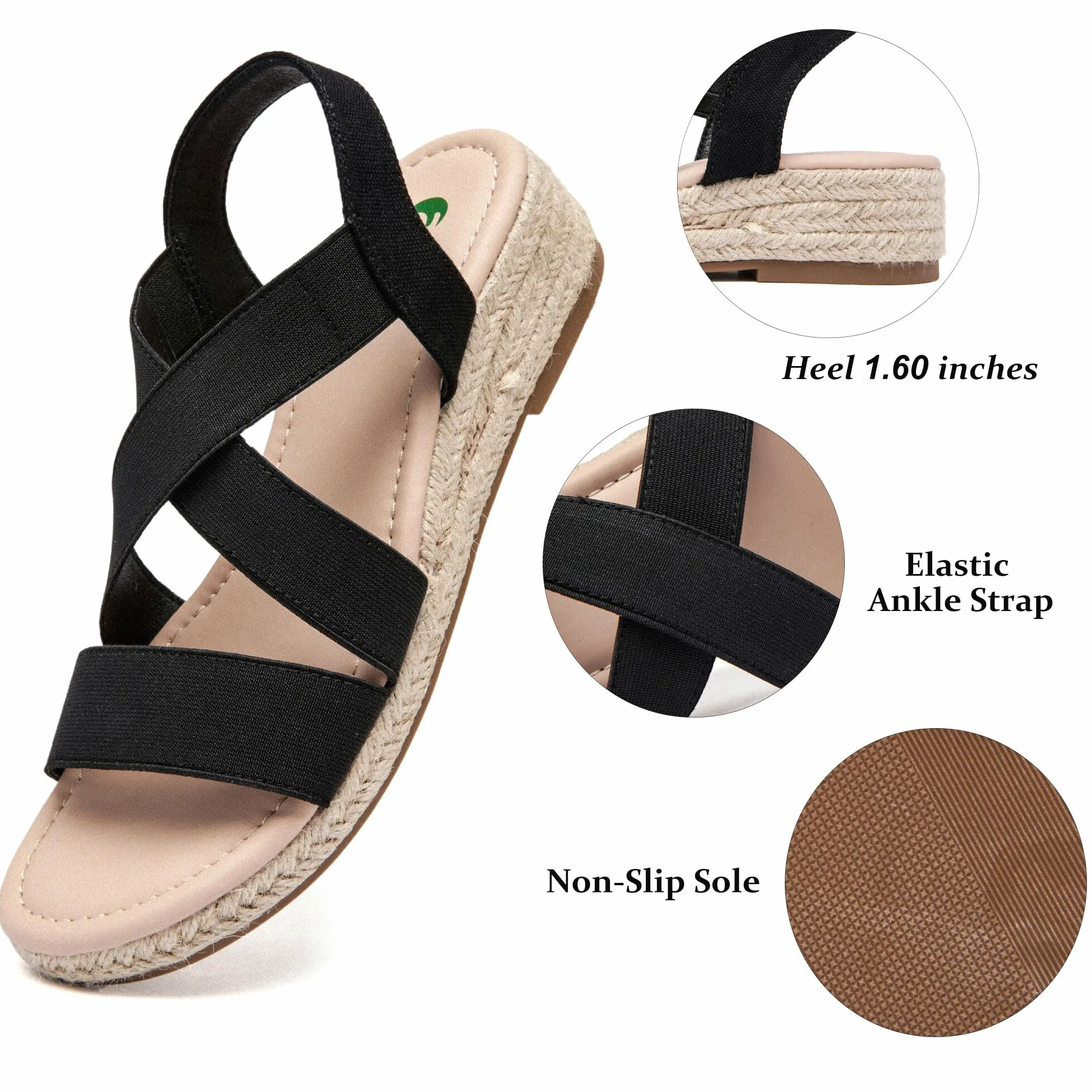 Ataiwee Sandales compensées à plateforme pour femmes,Sandales compensées espadrilles d'été décontractées avec bride de cheville élastique et bout ouvert
