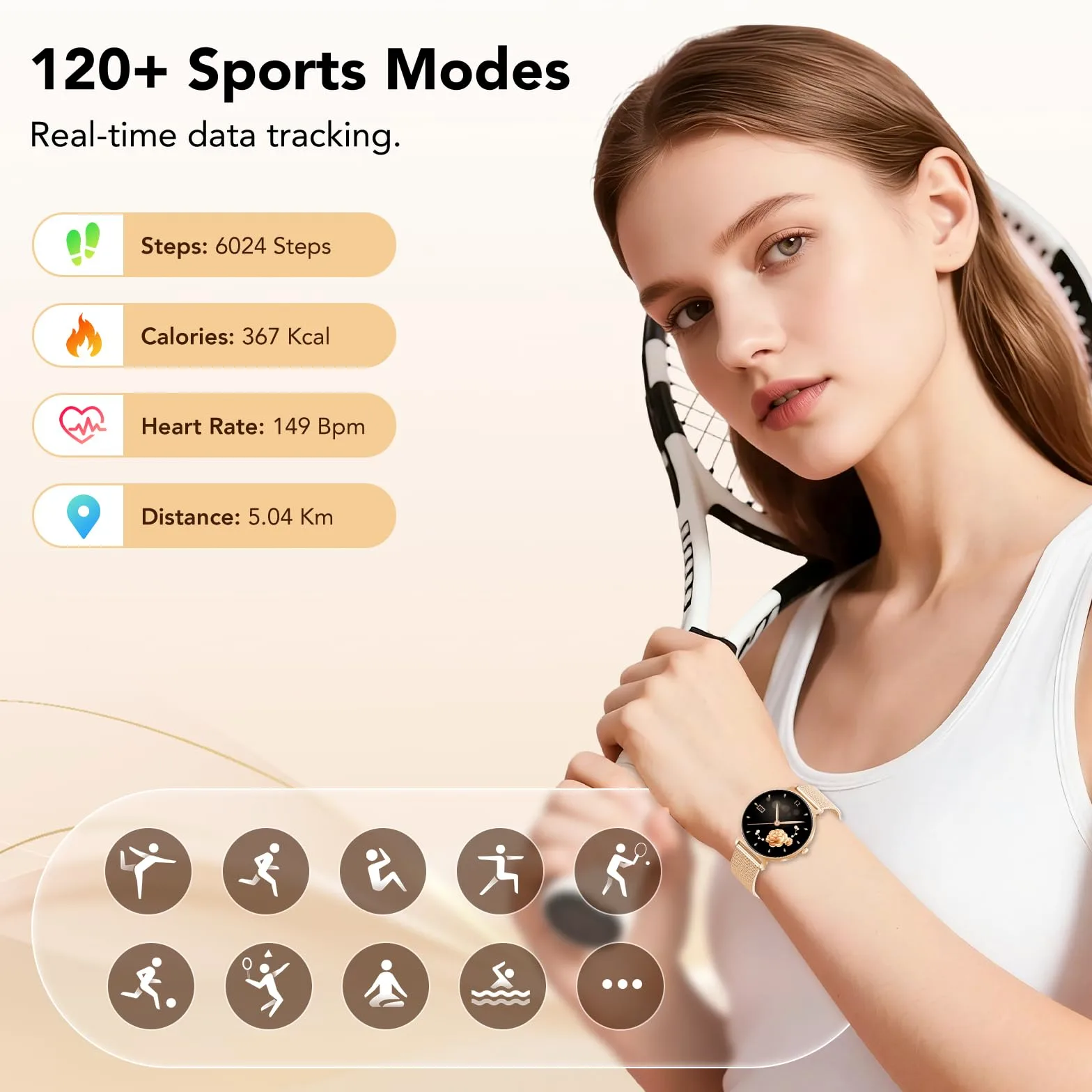 Montre Connectée Femme AMOLED 1,27 pouces HD, Smartwatch Bluetooth 5.4, Montre Intelligente Femme, 120+ Modes Sport, 200+ Cadrans, Suivi Santé 24 h (Sommeil, FC, SpO2), Compatible Android iOS, Or Rose
