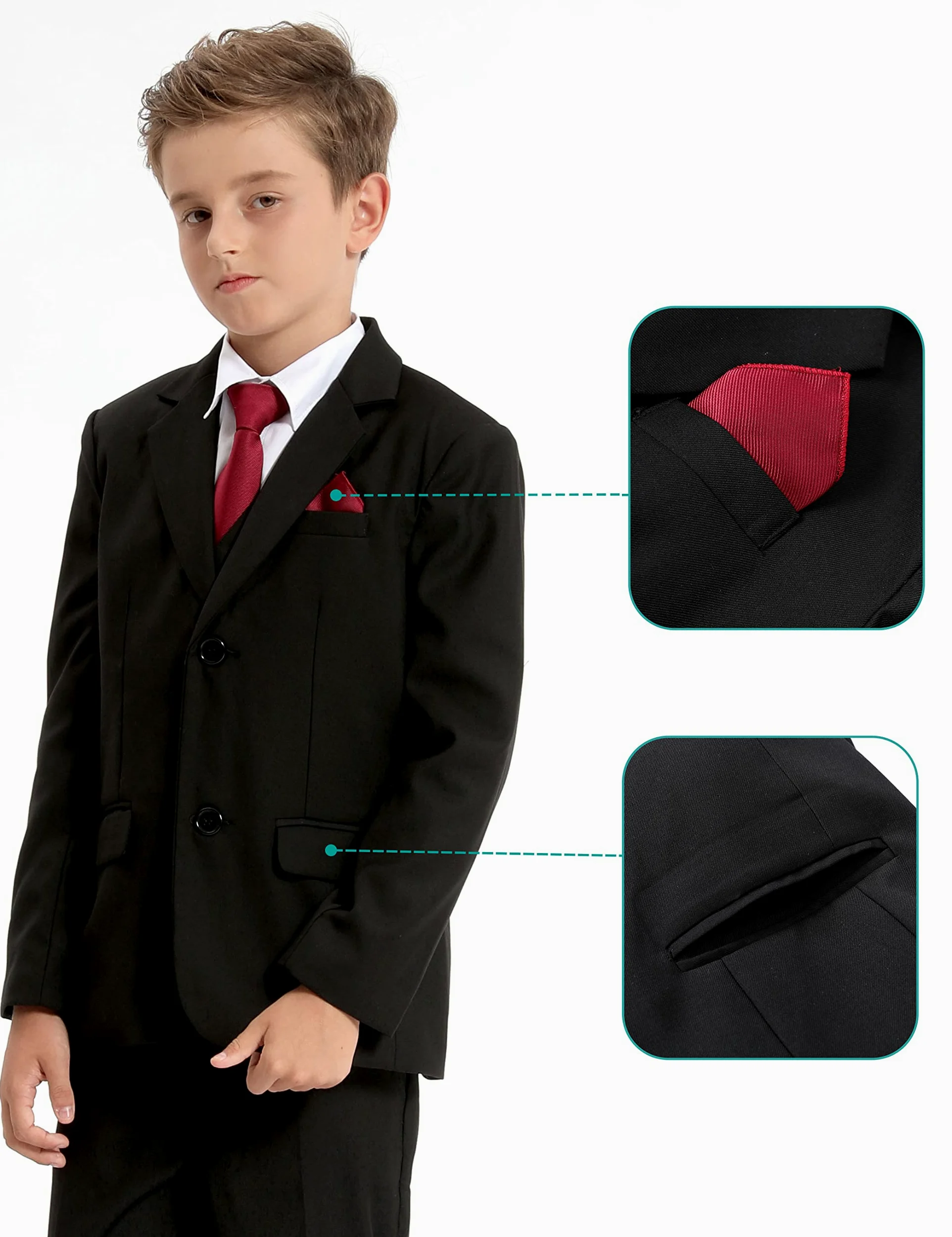 mintgreen 6pcs Ensemble de Costumes de Garçons, Blazer et Pantalon et Gilet et Chemise et Cravate avec Carré de Poche, 7-12 Ans