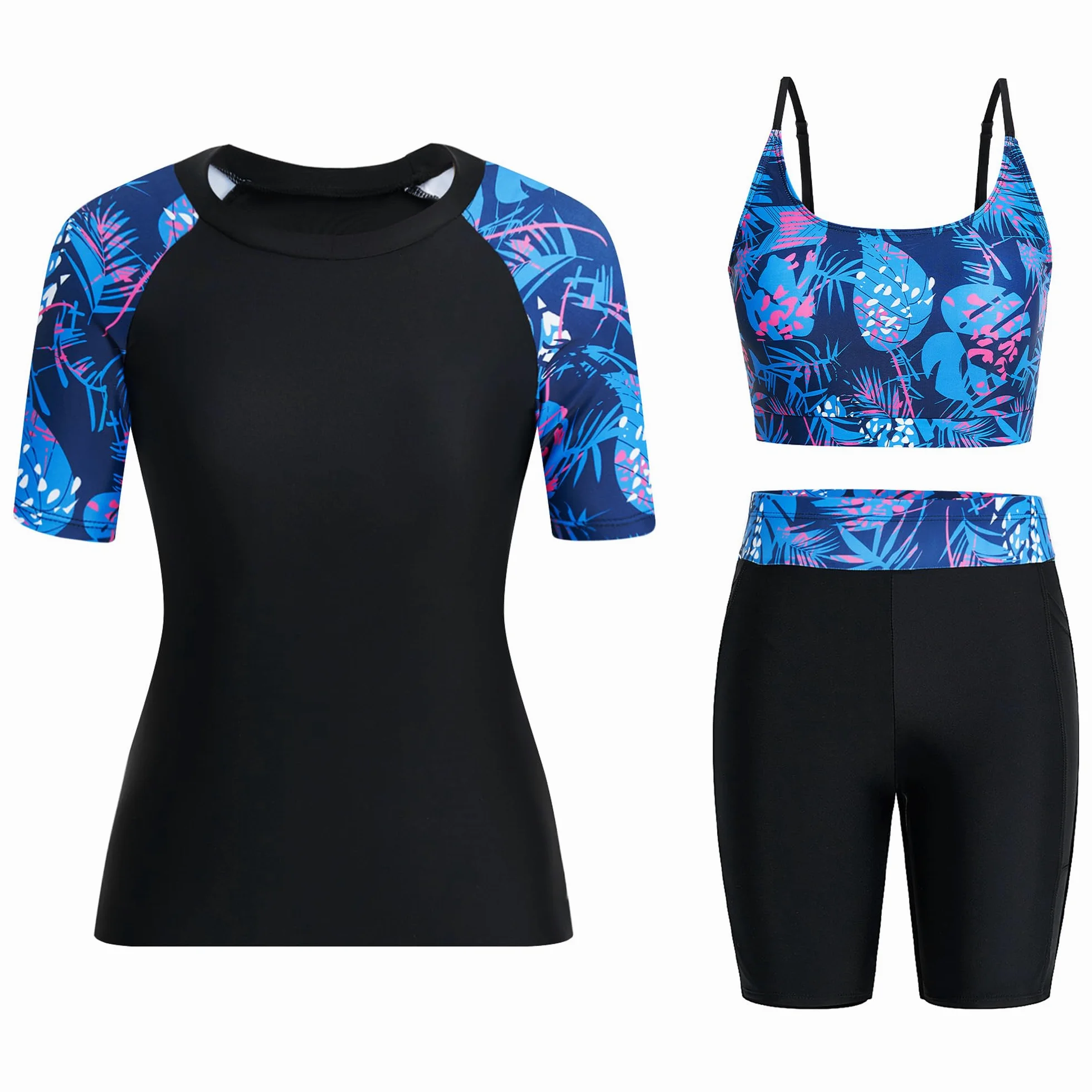 Owntop Maillot de bain 3 pièces Rashguard UPF50+ UV pour femme | Rashguard à manches courtes, haut de bikini et short taille haute | maillots de bain modestes | natation surf