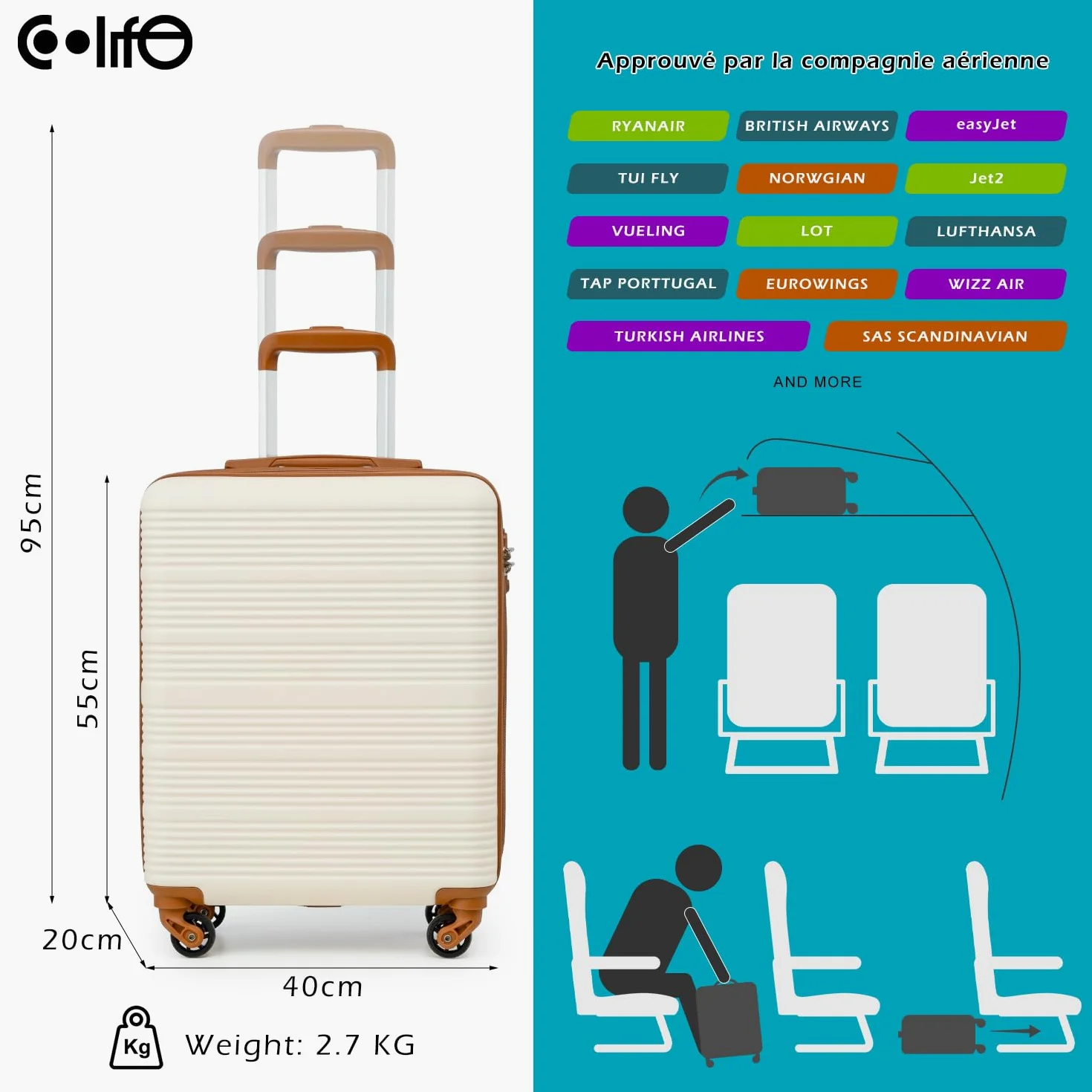COOLIFE Valise Cabine 55x40x20 Easyjet Bagage Cabine Coque Rigide ABS Serrure TSA 4 Roues Pivotantes 360° Blanc Marron