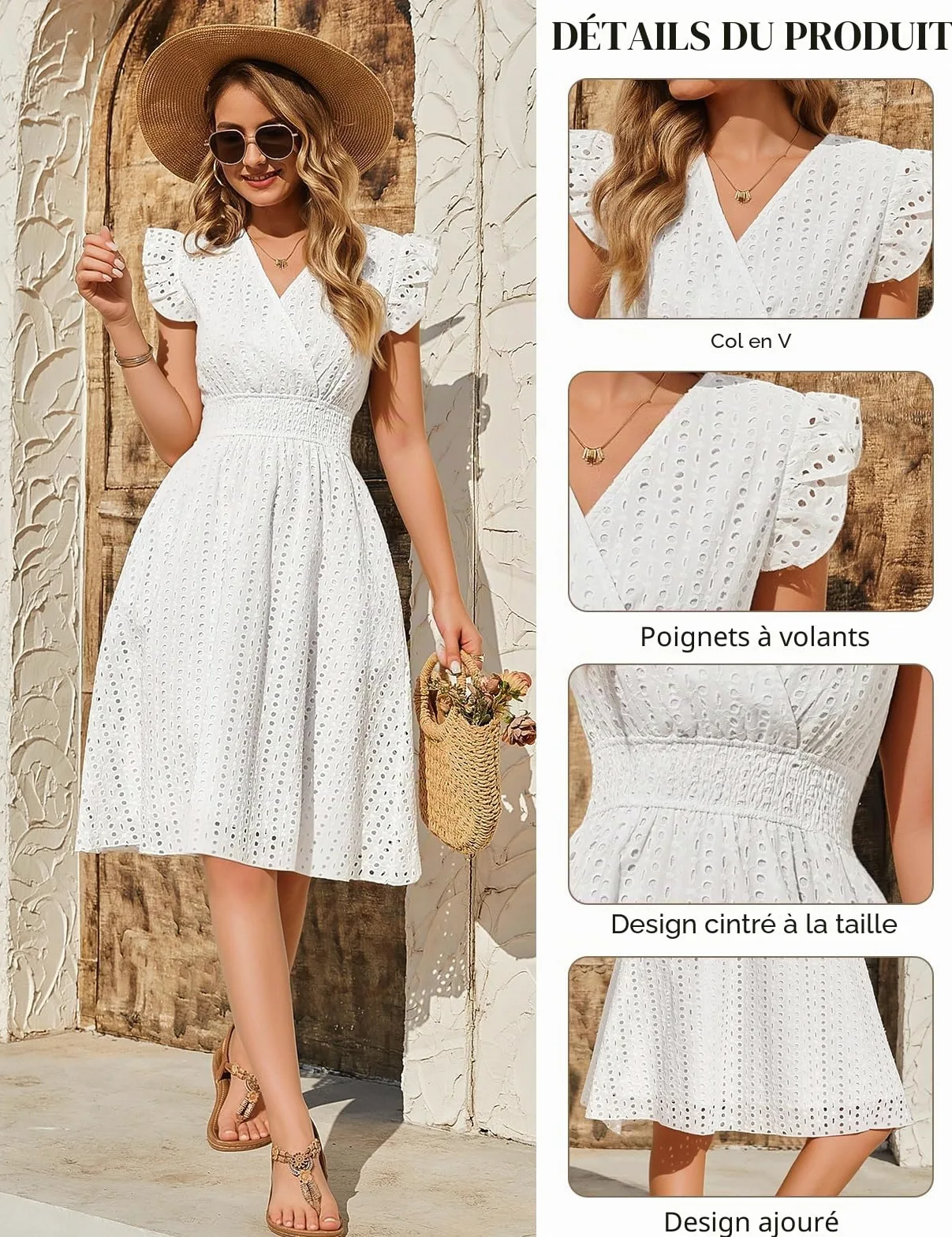 heekpek Robe Ete Femme Mi Longue Coton Col en V Robes Casual Taille Haute Ligne A sans Manche à Volants Robe Boheme Chic Detente Crochet Dentelle Jupe avec Poche