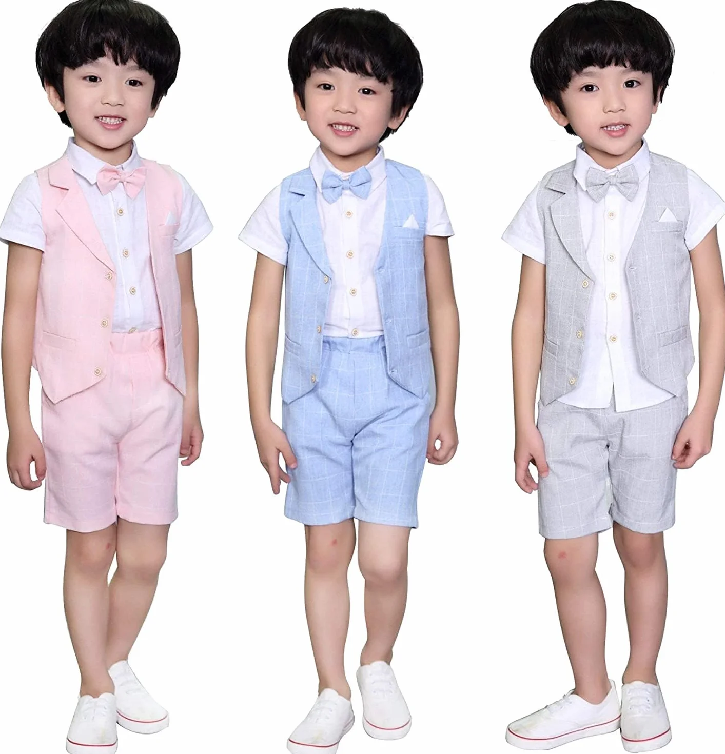 LOLANTA 4 pièces Costume Enfant Garcon Mariage Ete, Vetements Garcon Ceremonie, Ensemble Costume Short Gilet Chemise avec nœud Papillon pour 2-12 Ans