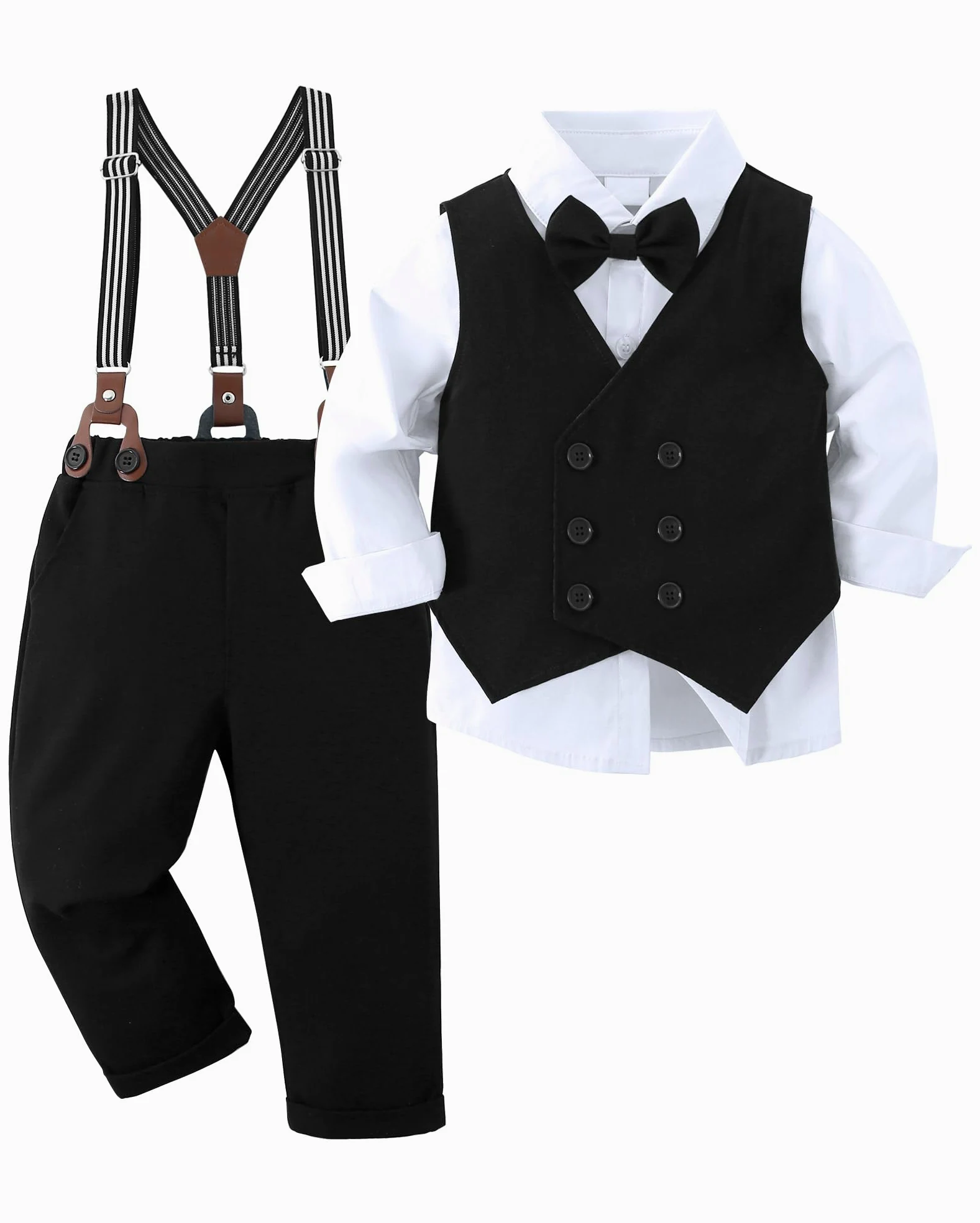 Garçon Gentleman Vêtements Ensembles 6-10 Ans, Enfant Mariage Baptême Tenue Costume Haut Chemise+Gilet+Pantalon+Nœud Papillon