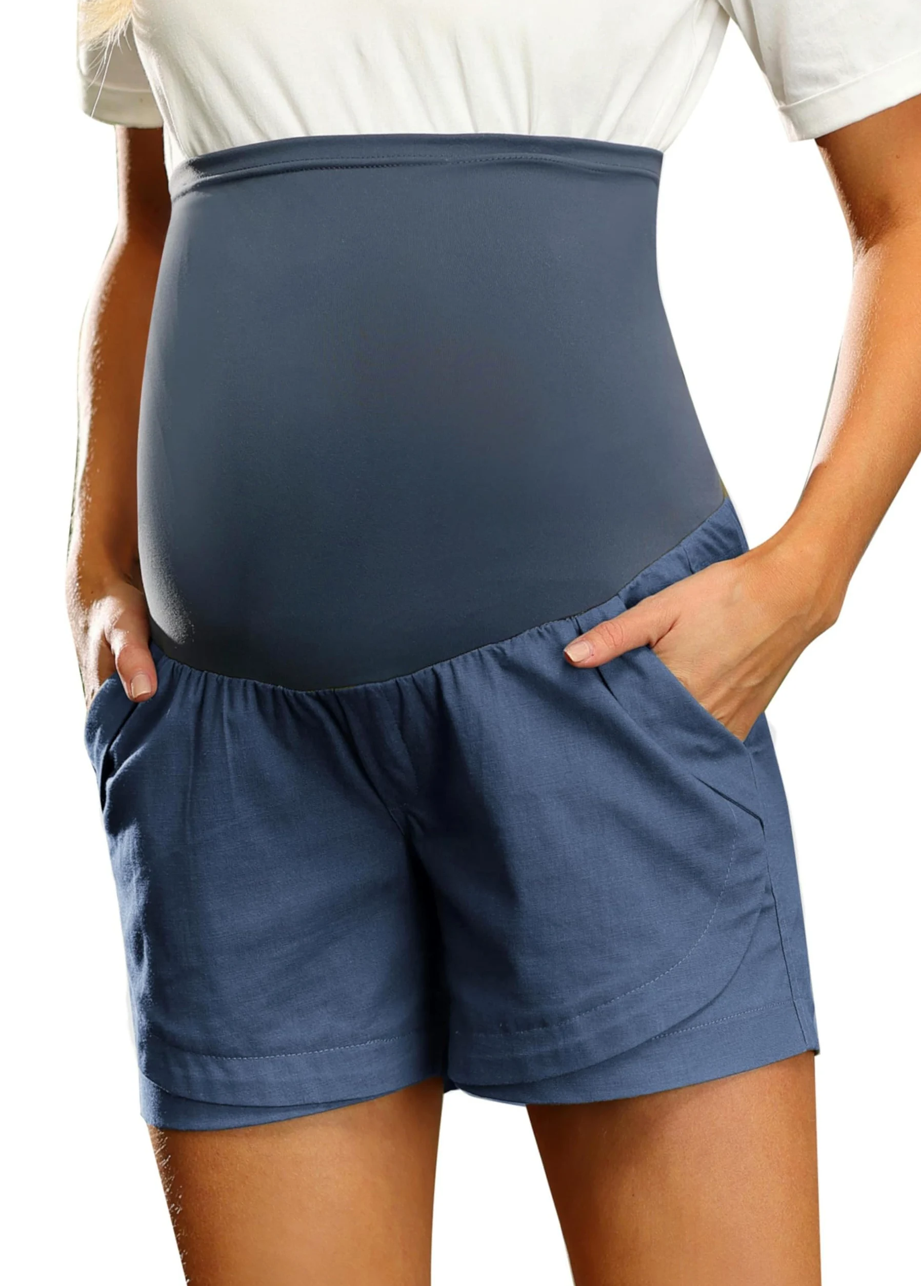 Maacie Short de grossesse Short décontracté en lin et coton doux et confortable avec poches