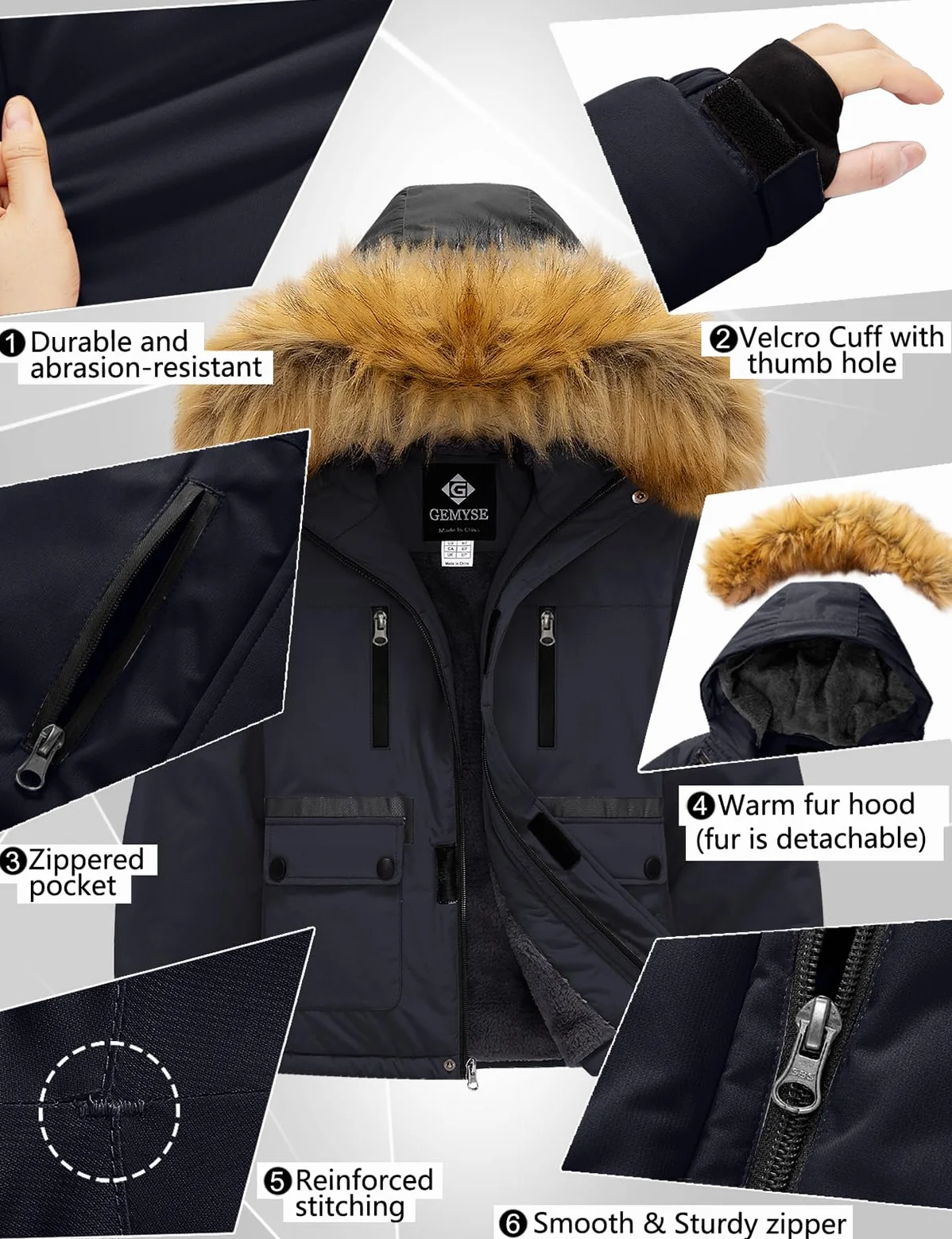GEMYSE Veste de Ski pour Garçon Enfant Manteau Hiver Chaud Imperméable Coupe-Vent Blouson avec capuche en Fourrure Amovible