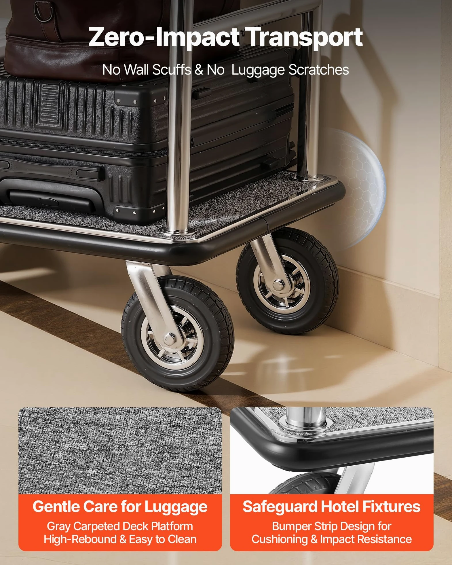 VEVOR Chariot à Bagages Hôtel, 544 kg, Chariot à Plate-Forme de Concierge, Finition INOX Brossé, avec Moquette Grise, Roues Caoutchouc 20,32 cm, Porte-Bagages pour Hôtels, Condos, Complexes Hôteliers