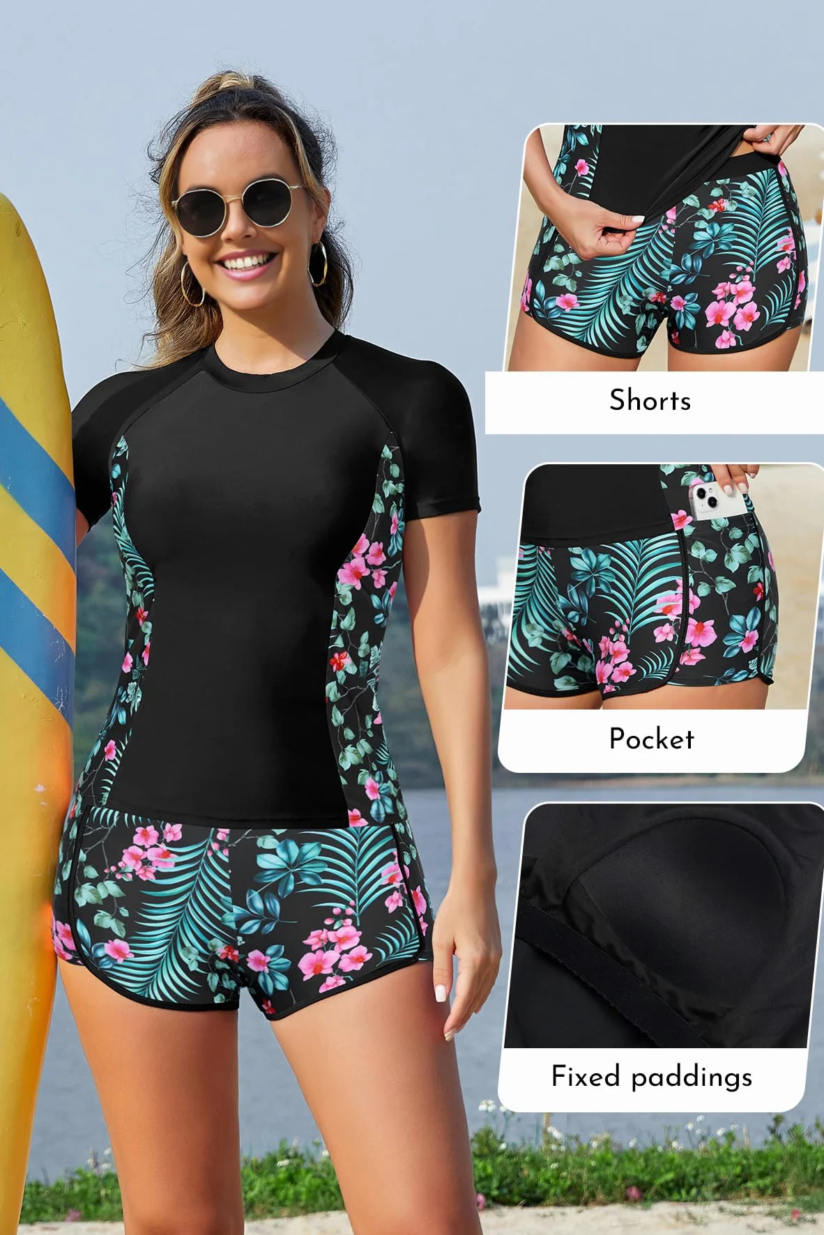 SHEKINI Rash Guard Set 2 Pièces Maillot de Bain Rashguard Imprimé Floral T-Shirt à Manches Courtes Shorts de Sport pour Surf Natation Séchage Rapide