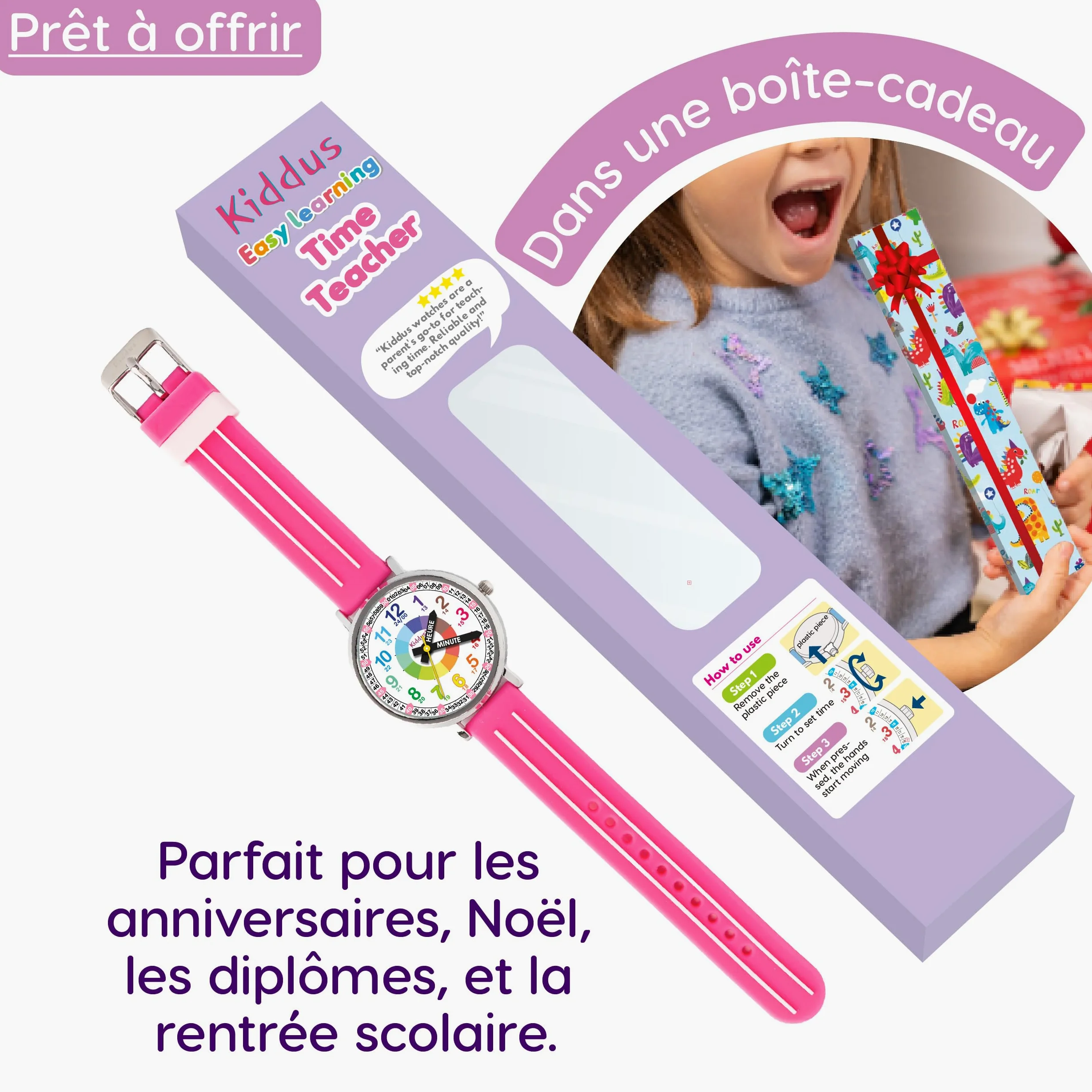 Kiddus Montre Enfant Fille et Garçon à partir de 5 Ans, Montre Éducative Analogique à Aiguilles, Apprentissage de l'Heure, Mouvement Japonais