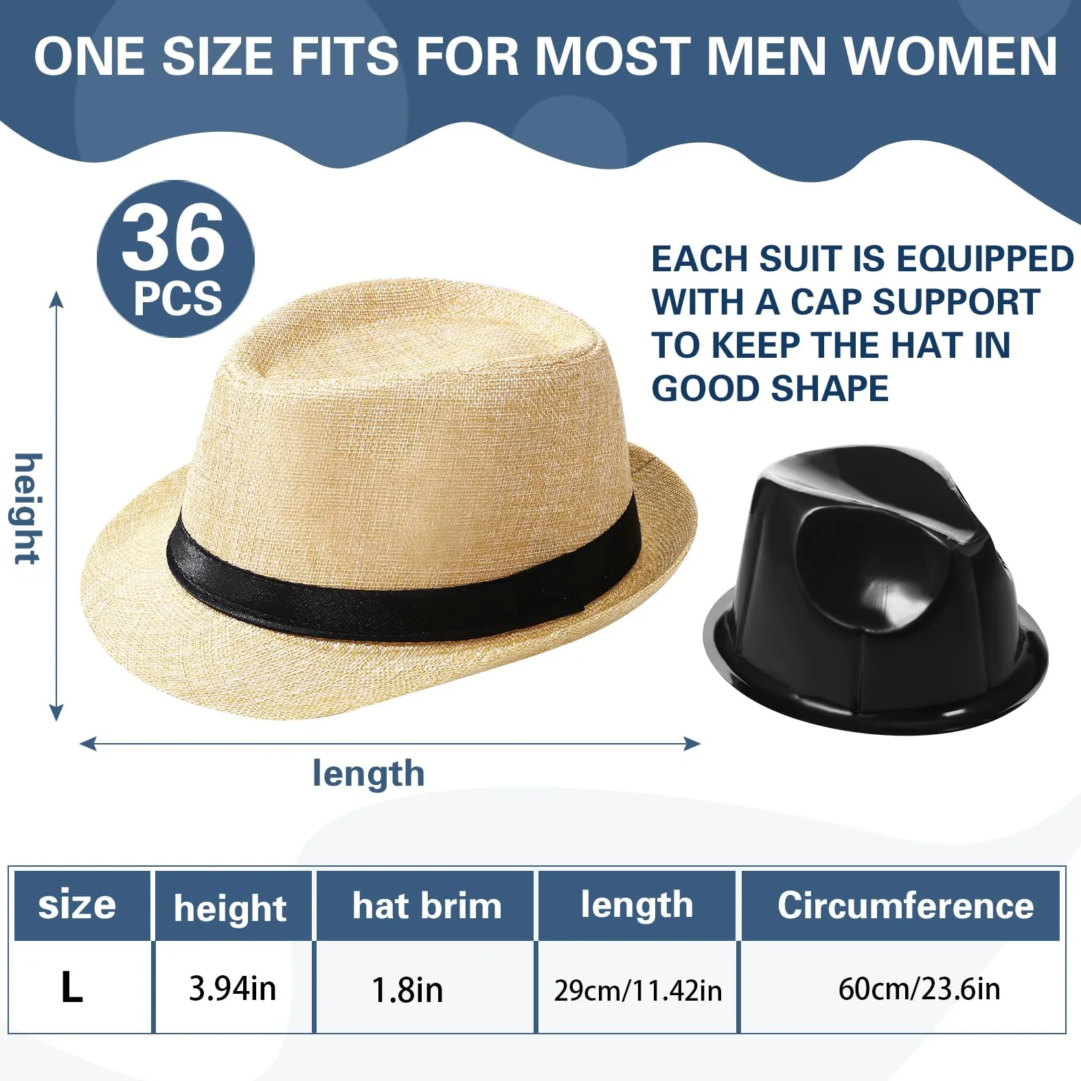 Suhine Lot de 36 chapeaux Fedora d'Halloween pour homme en vrac années 20 en paille à bord court soleil panama femme costume de fête, circonférence 60 cm