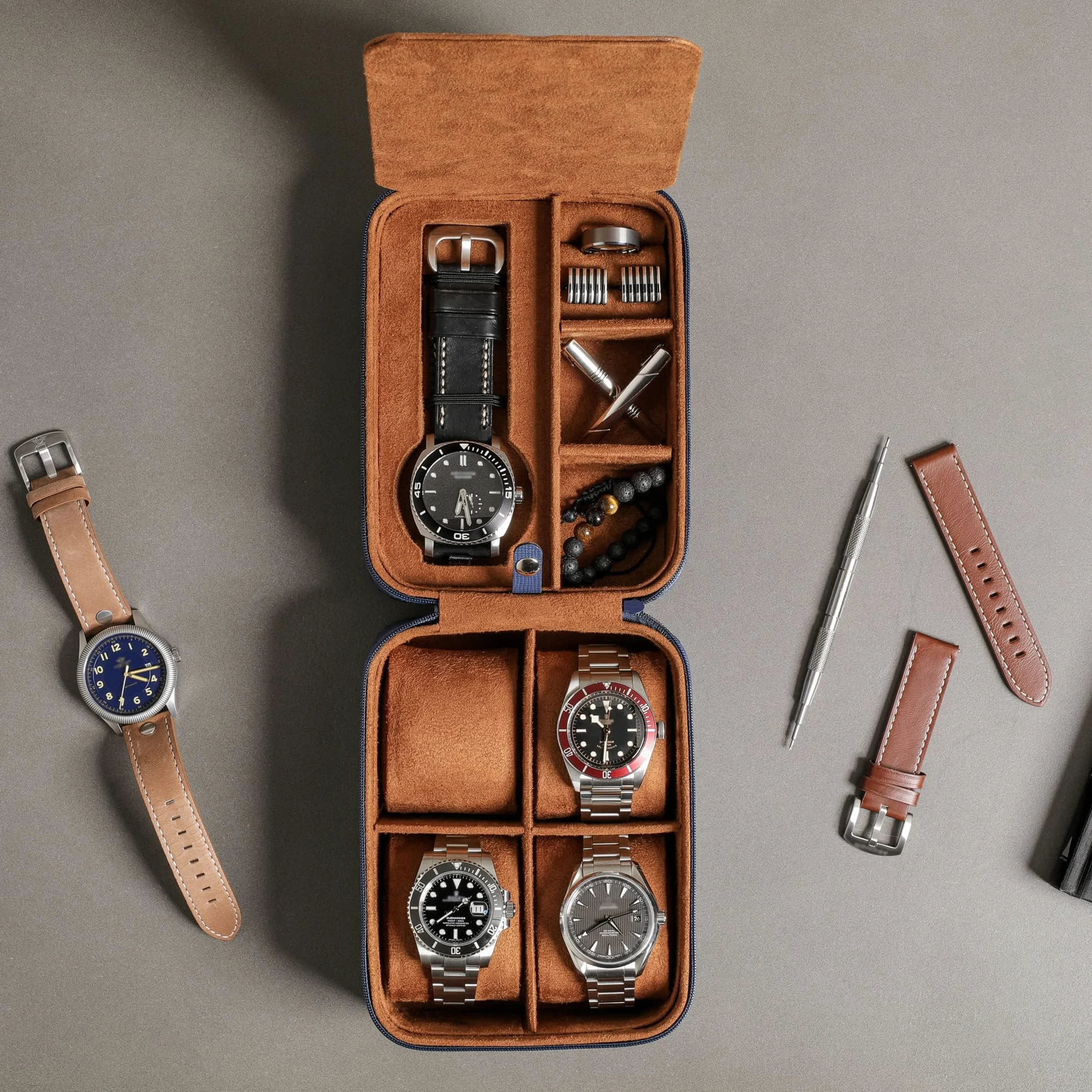 ROTHWELL Étui de voyage pour 5 montres, Ecrins pour montres - Protection robuste et portable avec fermeture éclair - S'adapte à toutes les montres jusqu'à 50 mm (BleuBeige)