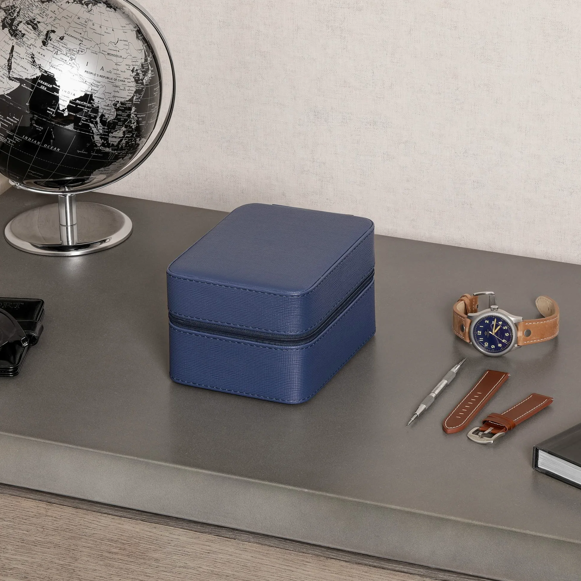 ROTHWELL Étui de voyage pour 5 montres, Ecrins pour montres - Protection robuste et portable avec fermeture éclair - S'adapte à toutes les montres jusqu'à 50 mm (BleuBeige)