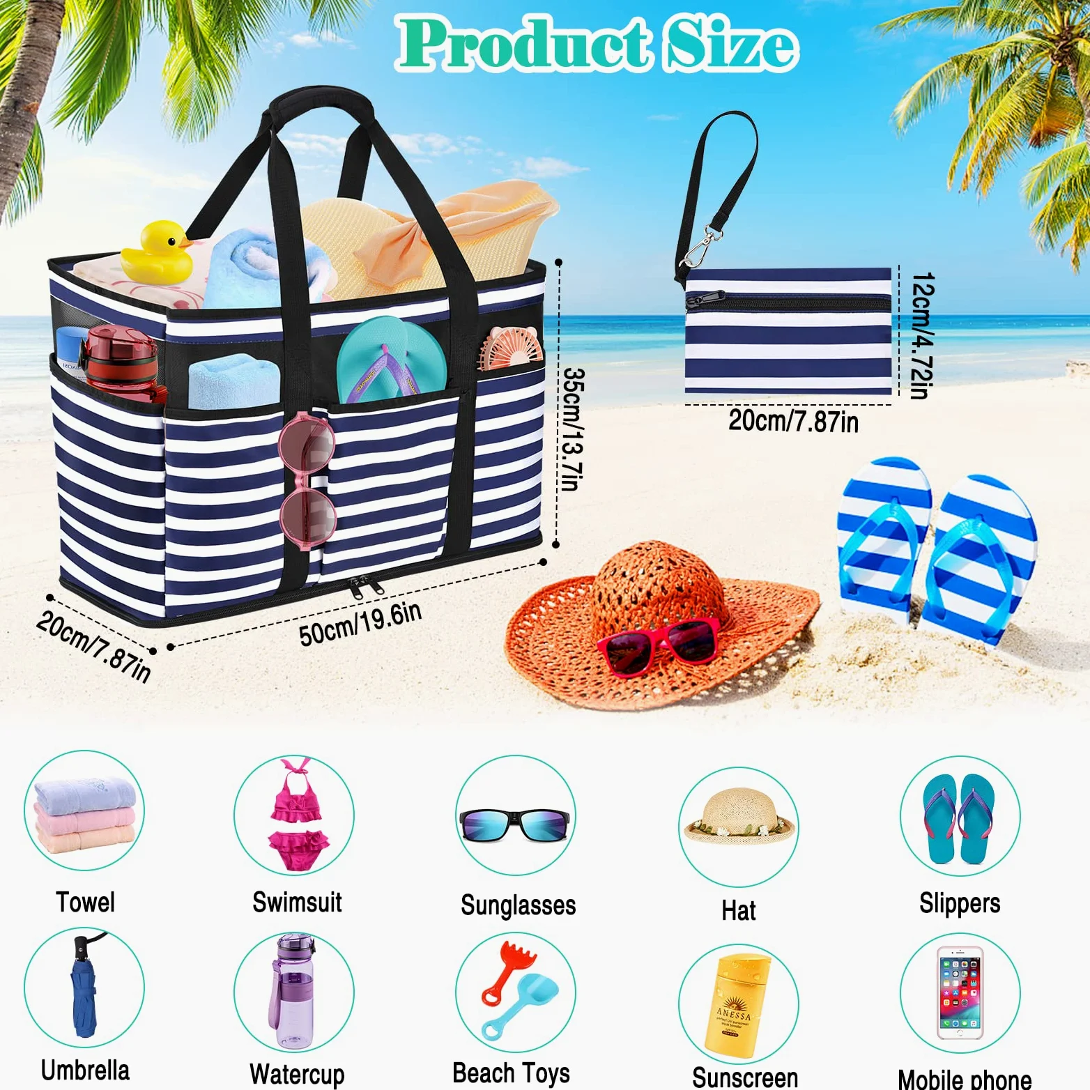 Grand Sac de Plage Femme XXL, Sac de Plage XXL Extra Large Famille en Maille Pliable pour Femme avec Fermeture Éclair, Grand Poches Sacs à Cabas pour Plage Voyages Gym Piscine 45L