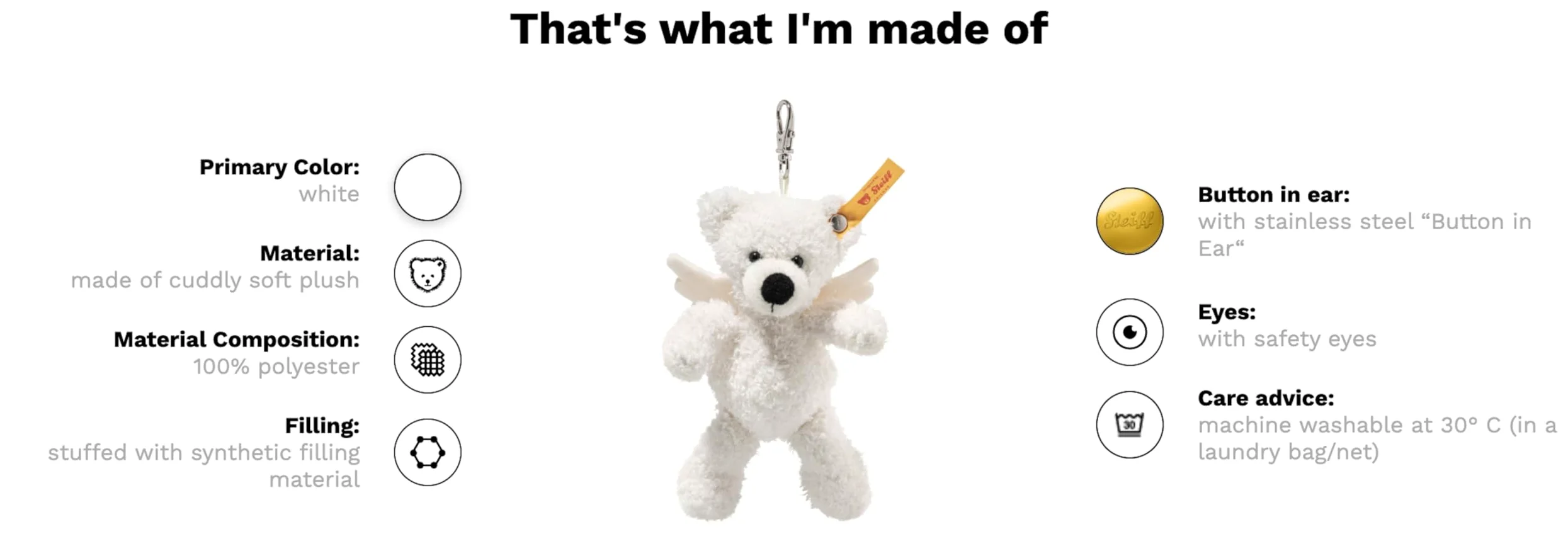 Steiff Pendentif en Forme d'ours en Peluche Lotte - 12 cm - Blanc - Ange Gardien - Porte-clés - en Peluche - Ailes d'ange en Feutre - Idée Lavable en Machine