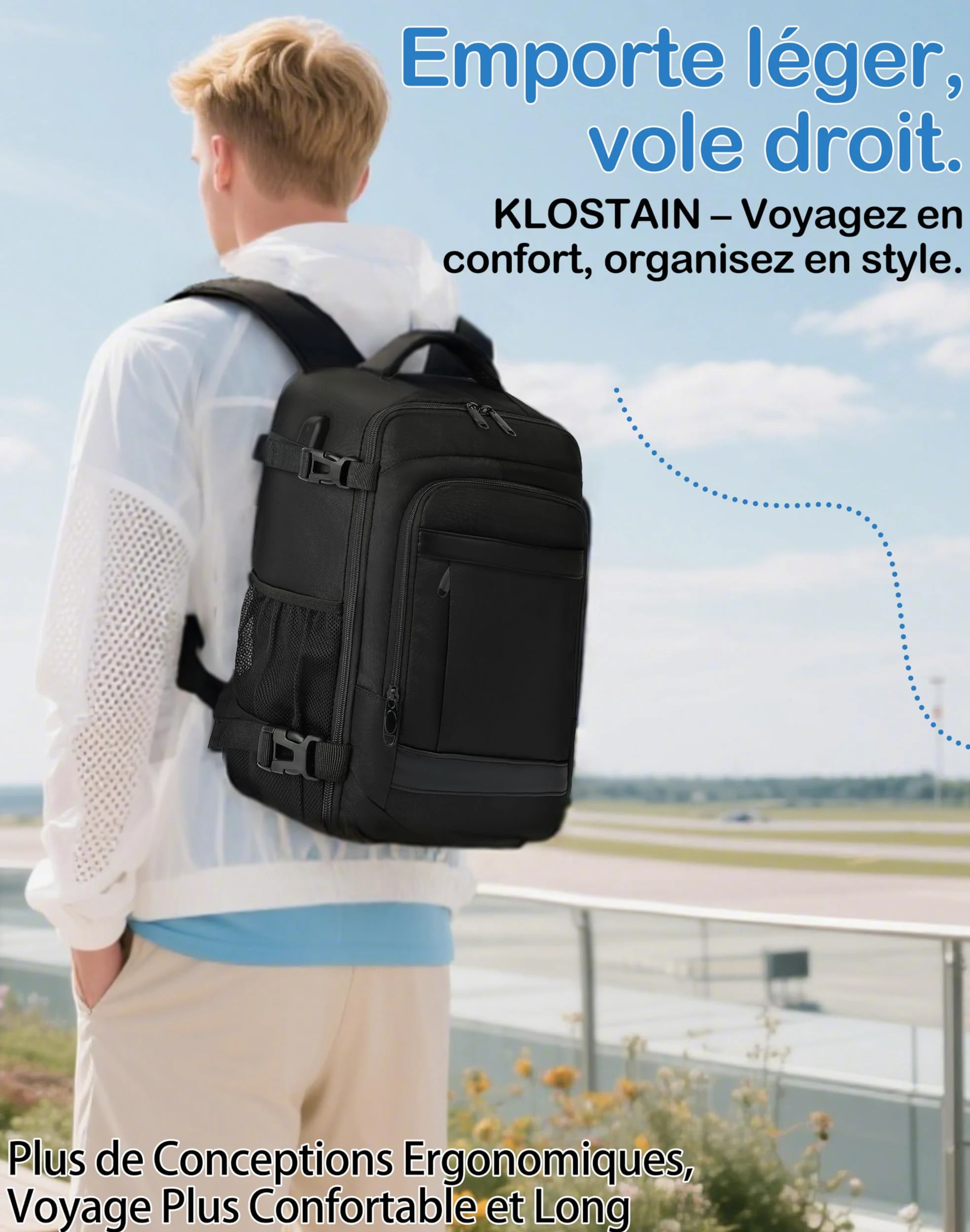 KLOSTAIN Sac à Dos Voyage Cabine Avion 45x36x20 pour Easyjet 30L Bagage Cabine Grande Bagage à Main sous Le Siège Sac à Dos Homme pour Ordinateur Portable 14 Noir