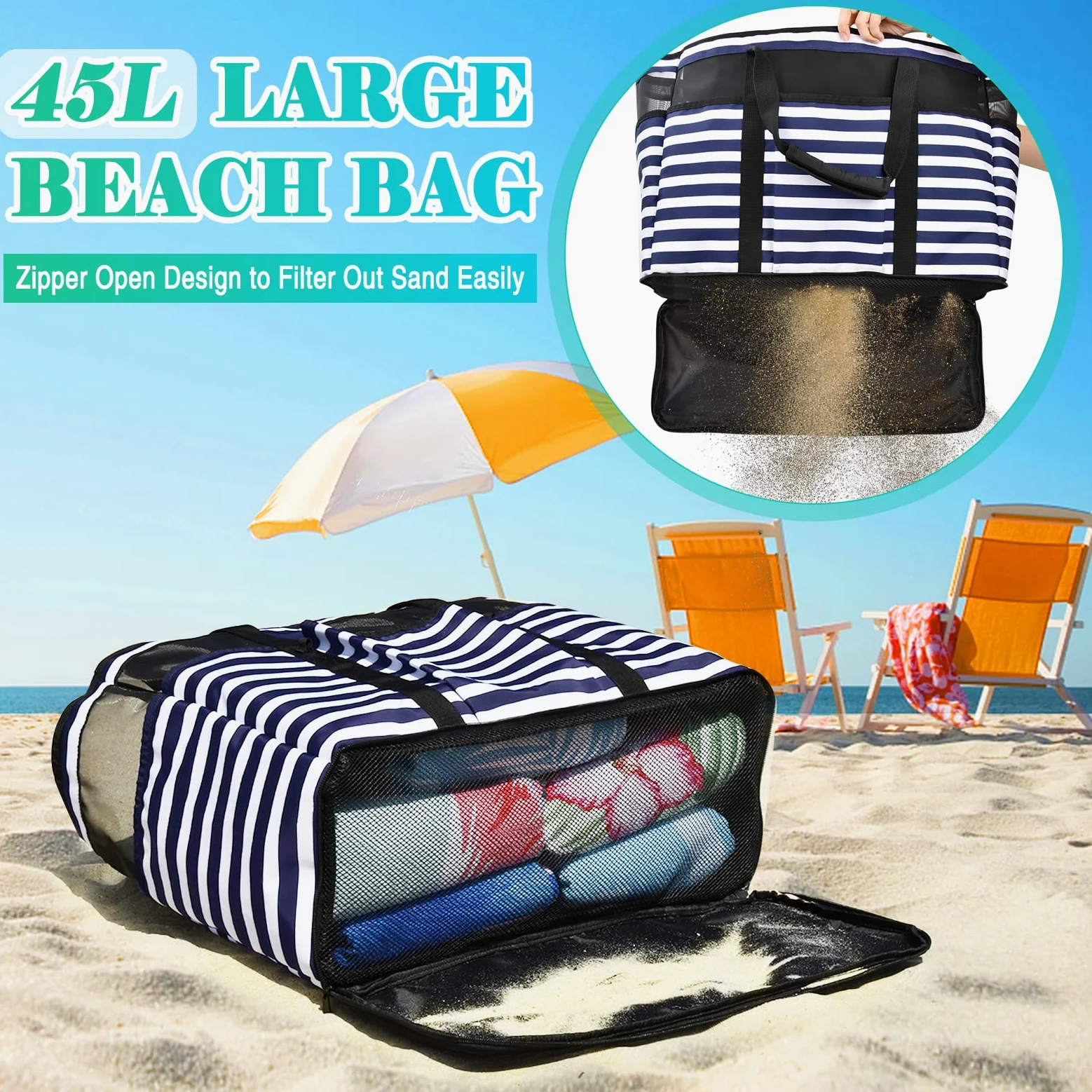 Grand Sac de Plage Femme XXL, Sac de Plage XXL Extra Large Famille en Maille Pliable pour Femme avec Fermeture Éclair, Grand Poches Sacs à Cabas pour Plage Voyages Gym Piscine 45L