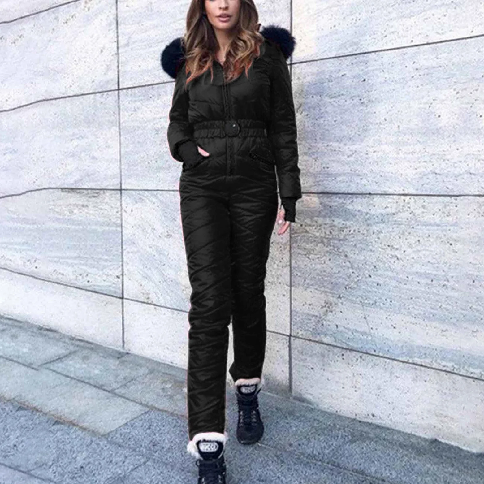 YAOJIWANG Combinaison de Ski pour Femme Une Pièce Combinaison Thermique Coupe-Vent Tenue Chic et Élégant Sweat avec Capuche Poches Vêtements de Extérieur pour Snowboard Ski Randonnée Sports