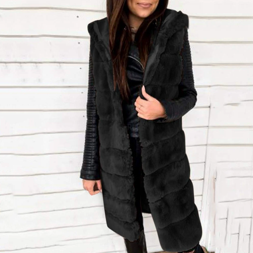Gilet en fourrure synthétique pour femme - Élégant - Sans manches - Sans manches - Veste d'hiver chaude - Avec capuche