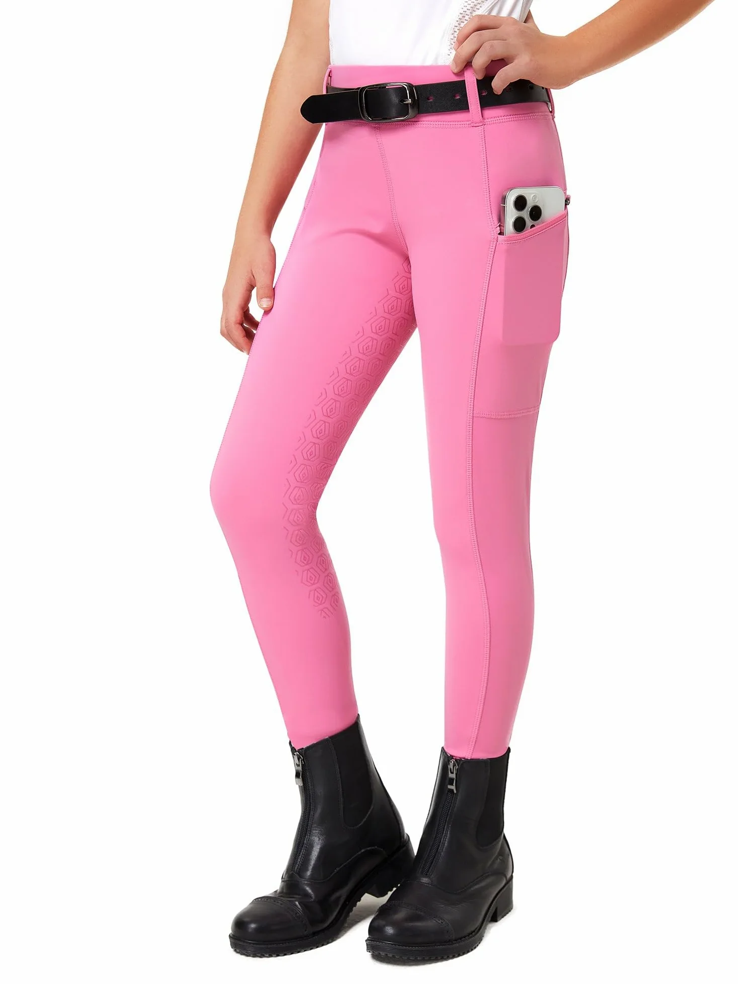 FitsT4 Sports Pantalon d'équitation pour enfant fille - Pantalon d'équitation en silicone - Avec 2 poches latérales et passants de ceinture
