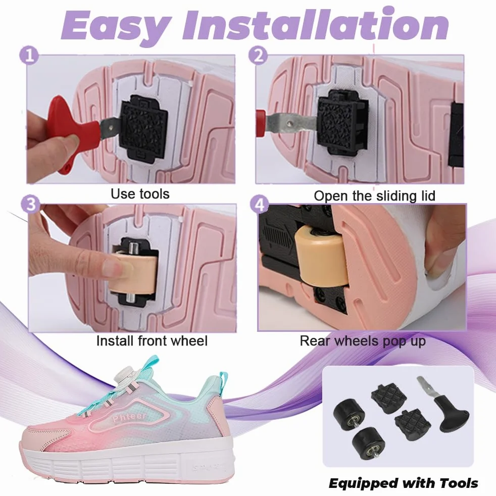 Mateju Chaussures à roulettes Rétractable pour Enfants Garçons Filles, 2 en 1 Patins Deux roulettes Chaussures de Skateboard Respirante Adolescents Mode Chaussures de Sport