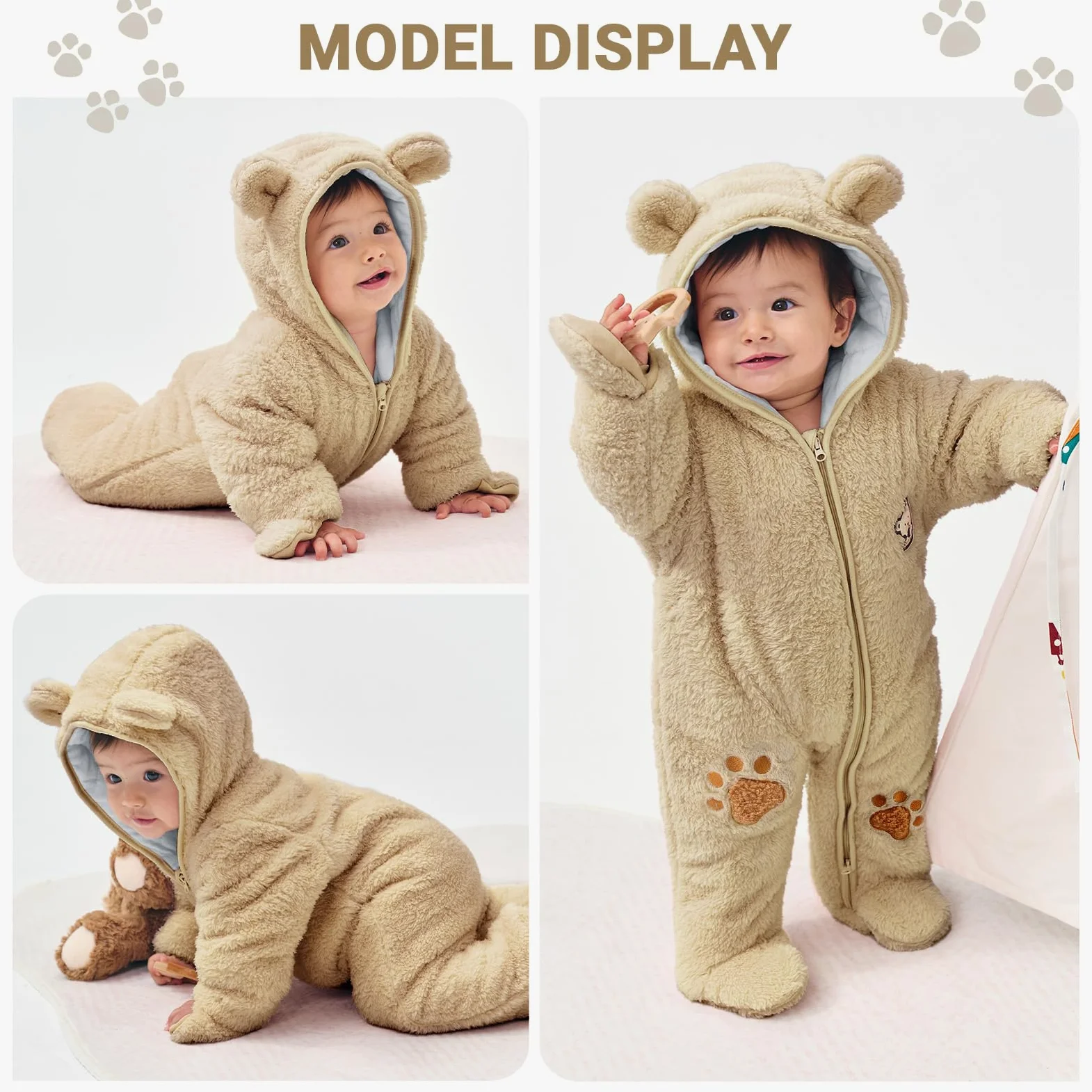 JiAmy Combinaison Bebe Garcon Fille Hiver Polaire Combipilote Pilote Bébé Manteau à Capuche Manches Longues Ours Combinaison de Neige 0-12 Mois