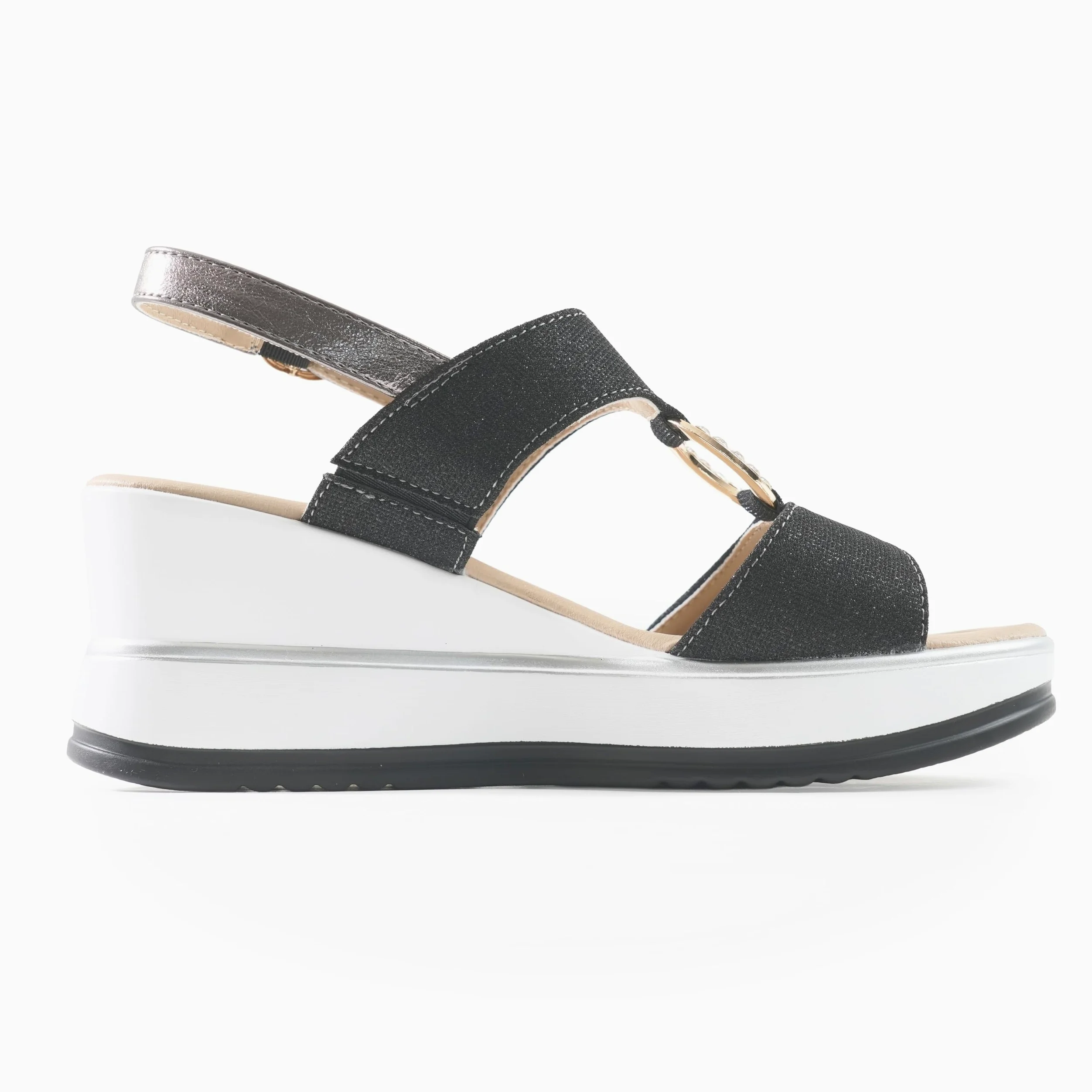JOMIX Sandales Femme Élégantes avec Compensée 7 cm Tissu Brillant et Détail Bijou avec Anneau Strass Bride Réglable Semelle Confort Amortissante Antidérapante Chaussures Été Casual Chic
