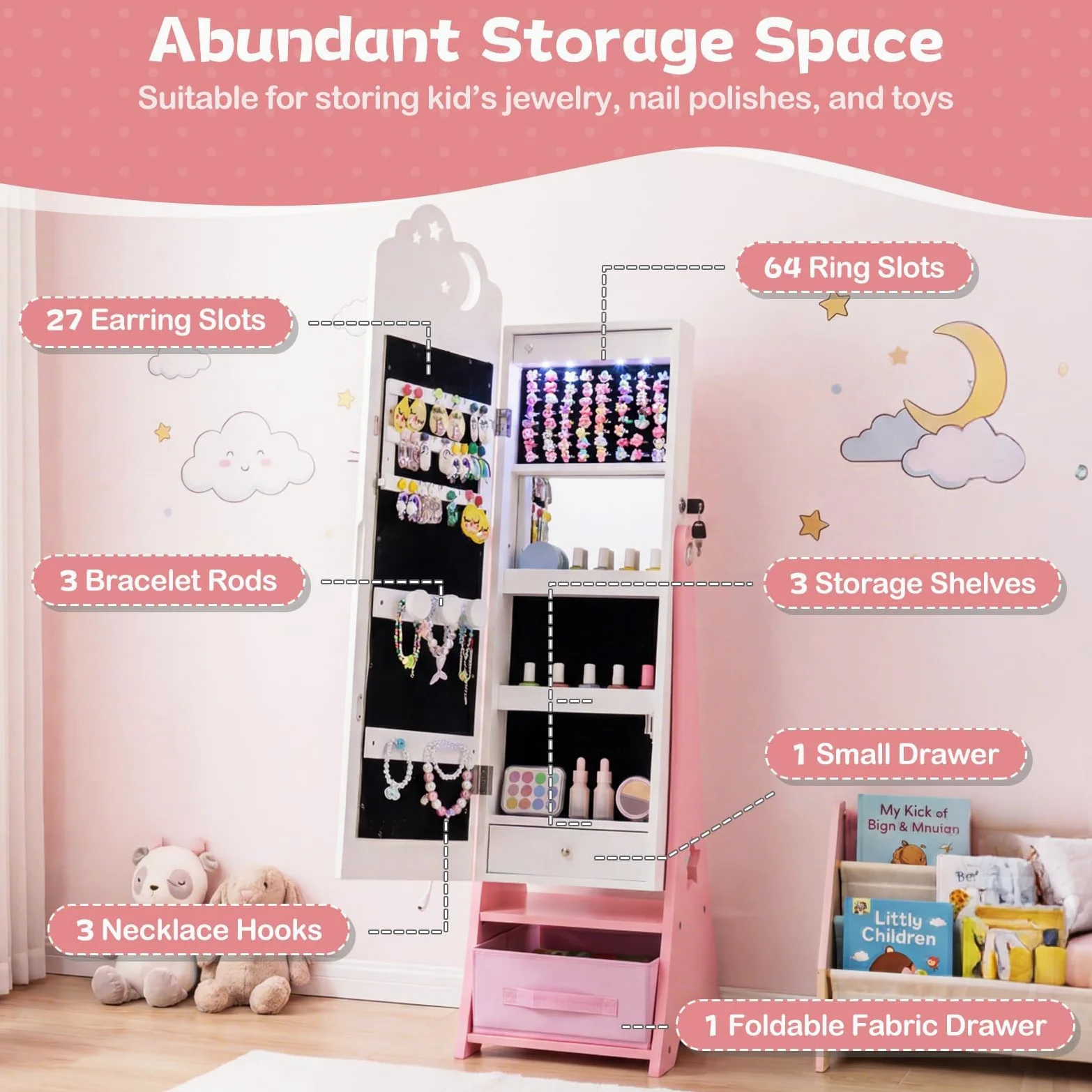 FANTASK Armoire à bijoux pour enfants - Armoire miroir avec éclairage LED et miroir complet - Verrouillable - Organiseur de bijoux inclinable avec miroir intérieur et tiroirs - Pour chambre d'enfant