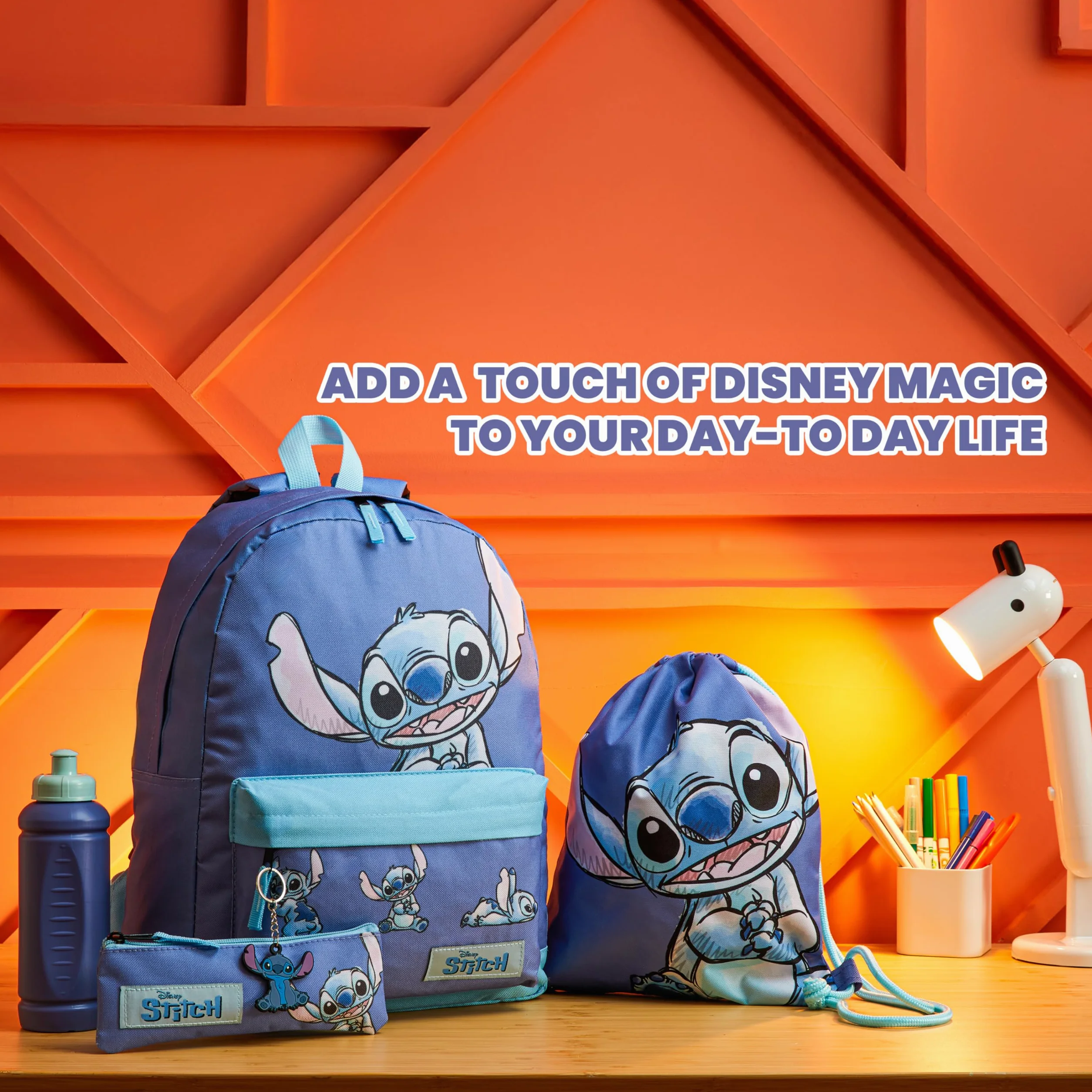 Disney Stitch Sac a Dos Fournitures Scolaires Lot 5 Pièces avec Sac de Natation Trousse Bouteille d'eau et Porte-clés Cadeau Enfant