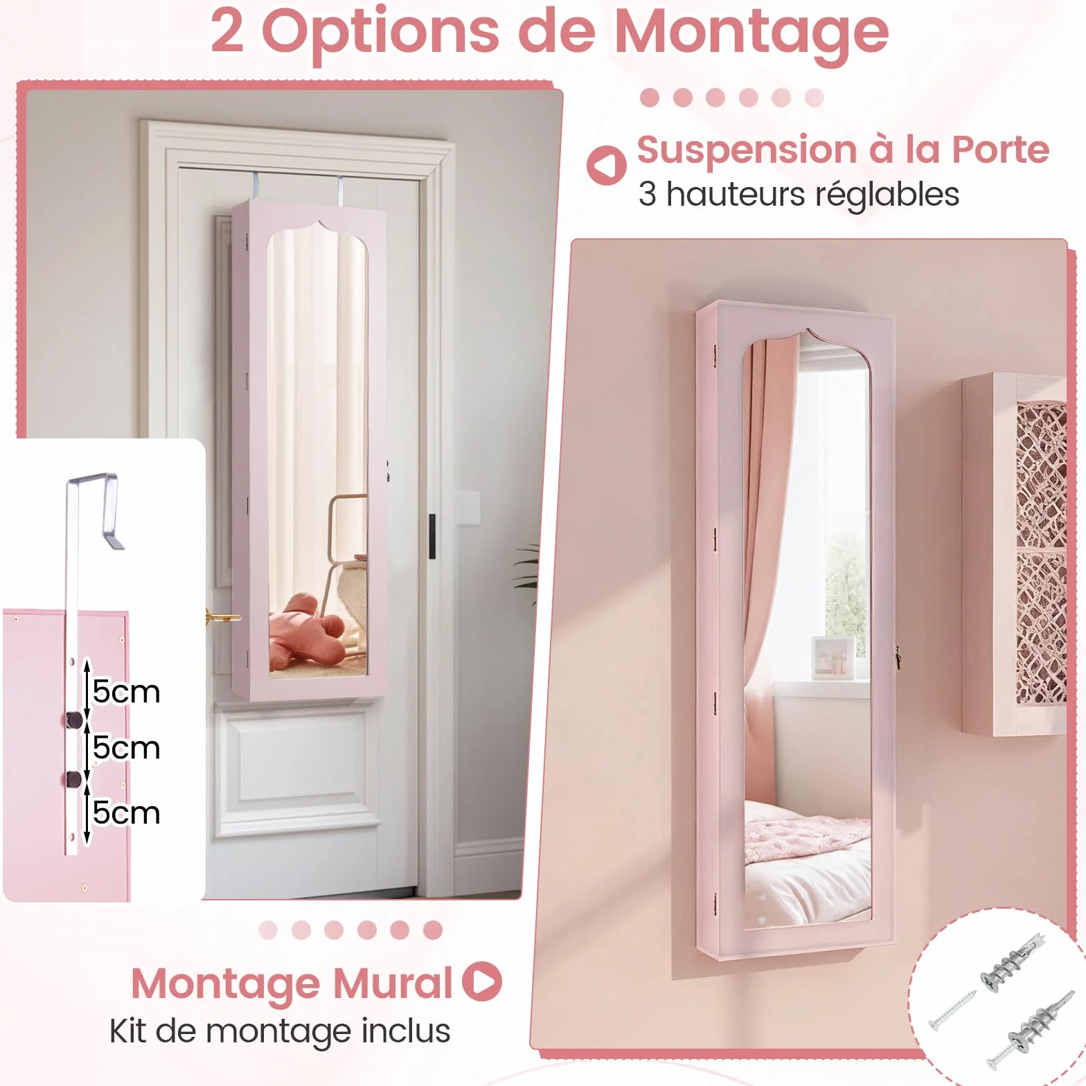 RELAX4LIFE Armoire à Bijoux Murale avec Miroir, 5 Lumières Automatiques, Miroir Rangement Bijoux avec 6 Tiroirs pour Boucles d'Oreilles Colliers Cosmétiques (Rose | Tiroir en MDF)