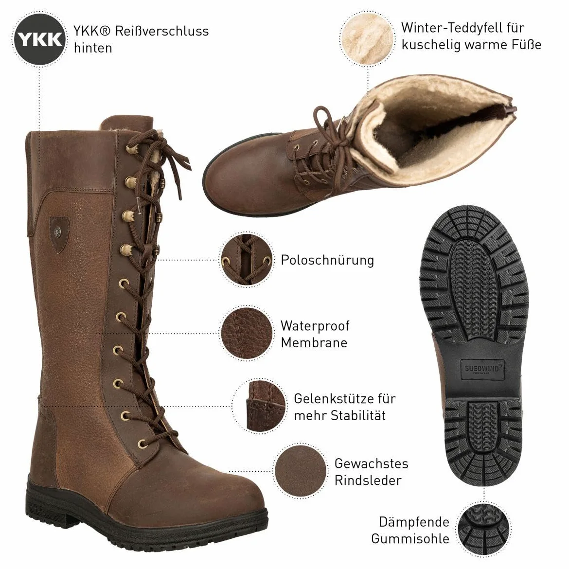 SUEDWIND FOOTWEAR Bottes d'hiver « Galway » | Bottes en cuir | Dessus en cuir robuste | Doublure | Imperméable | Bottes d'extérieur | Bottes d'extérieur | Bottes d'écurie | Équitation