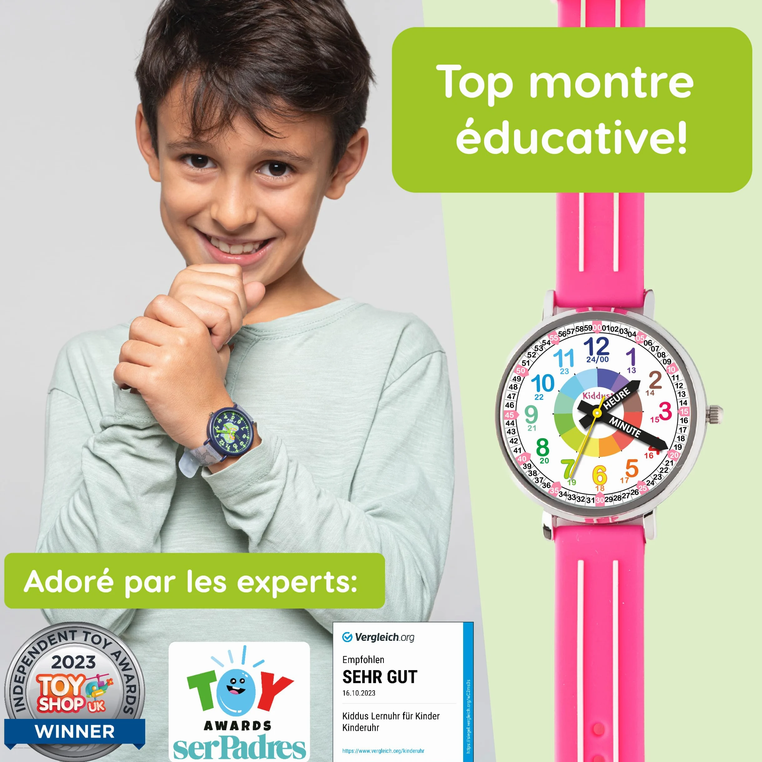 Kiddus Montre Enfant Fille et Garçon à partir de 5 Ans, Montre Éducative Analogique à Aiguilles, Apprentissage de l'Heure, Mouvement Japonais