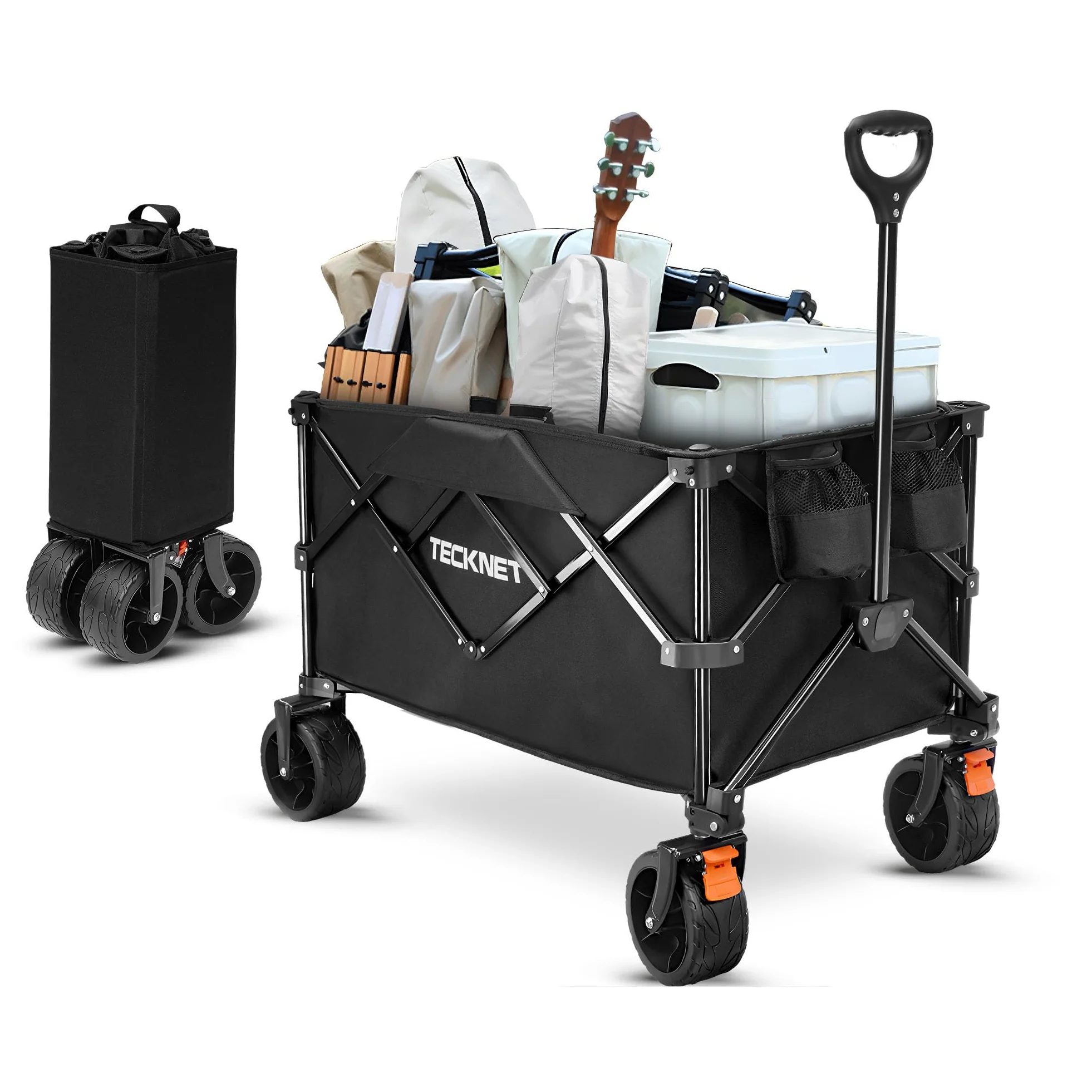 TECKNET Chariot de transport pliable avec freins - 180 l - 150 kg - Charge maximale : 150 kg - Pour la plage, le camping, le camping, les festivals - Noir