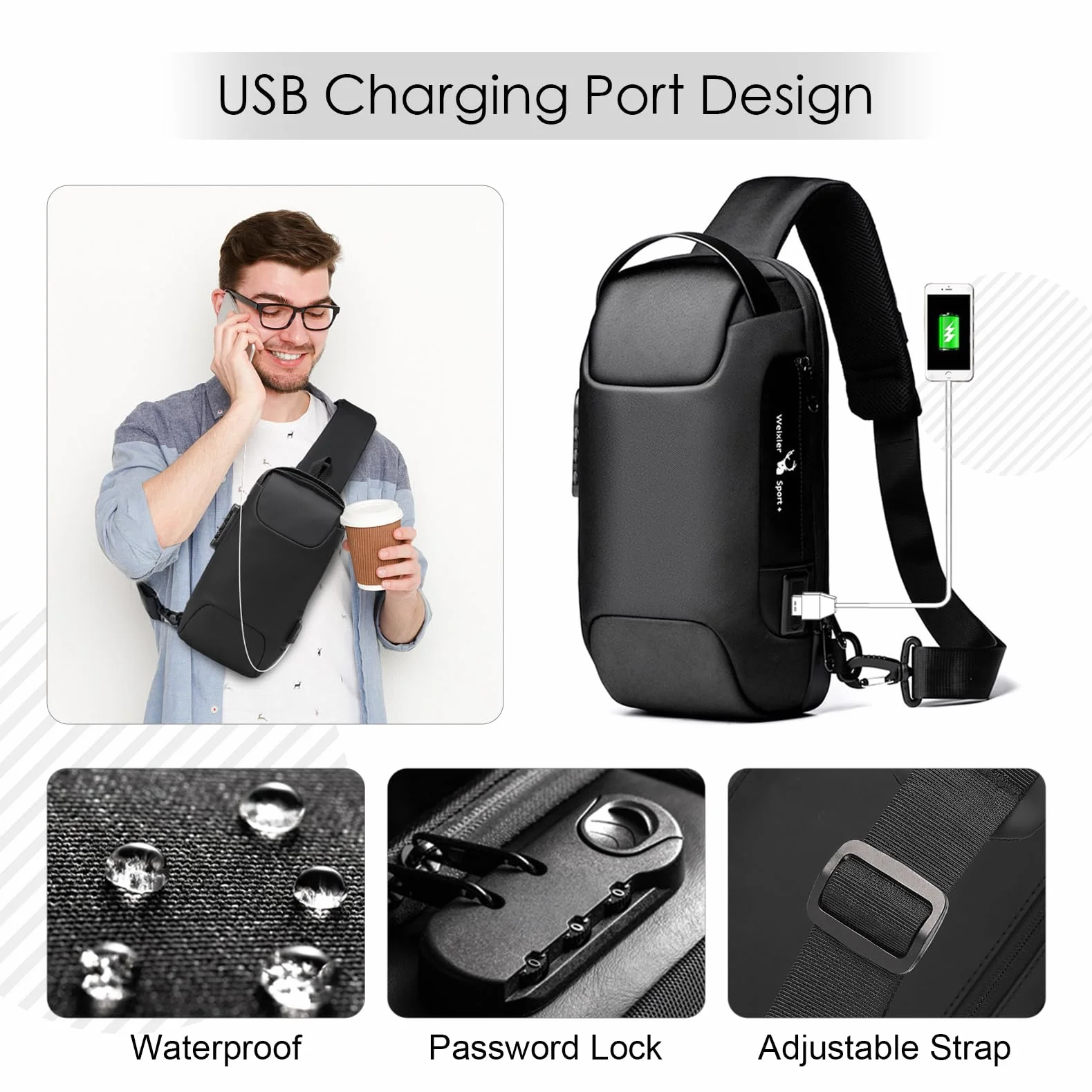 SPAHER Homme Sac de Poitrine Cuir Sacoche Homme Bandouliere Sac business Sac de loisir Sac a dos cuir pochette epaule homme Travers Pochette des Sports Affaires Voyage Noir
