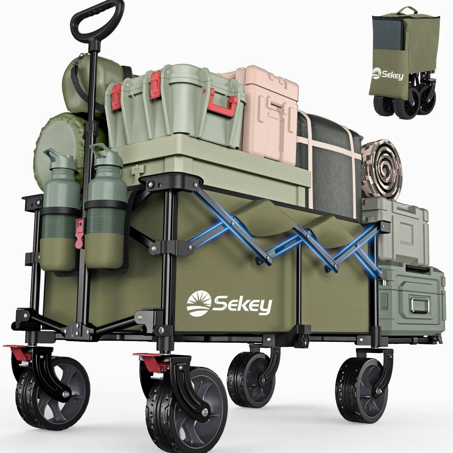 Sekey Chariot de Transport Pliable avec Hayon Arrière Extensible 135L & 200L, Chariot de Plage Pliable dans Quatre Directions jusqu'à 150KG SE4019, Vert Olive