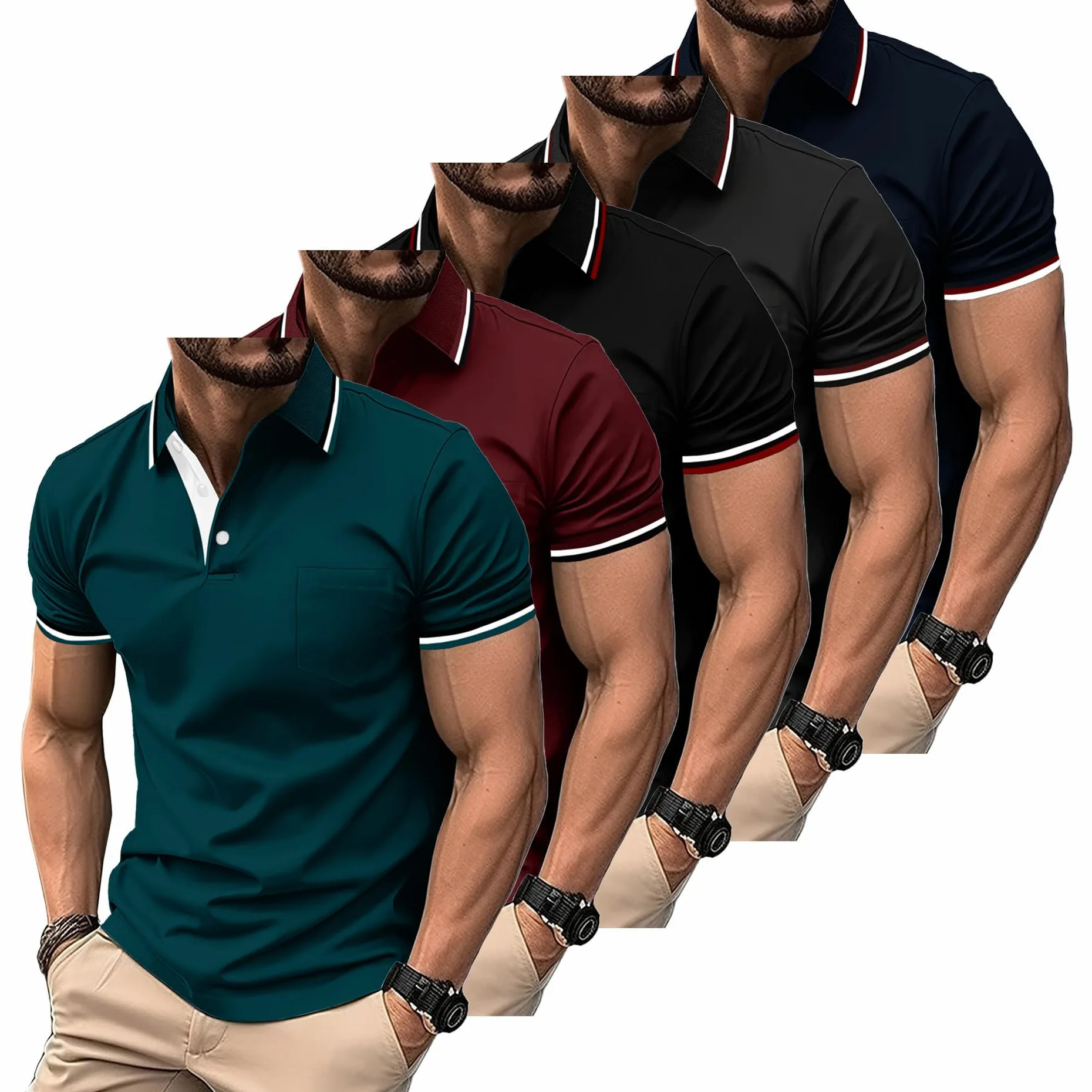 ZITY Lot de 5 Polo pour Homme Polo de Golf Manches Courtes Léger T Shirt pour Les Vacances Travail avec Boutons Printemps été Chemise Respirant