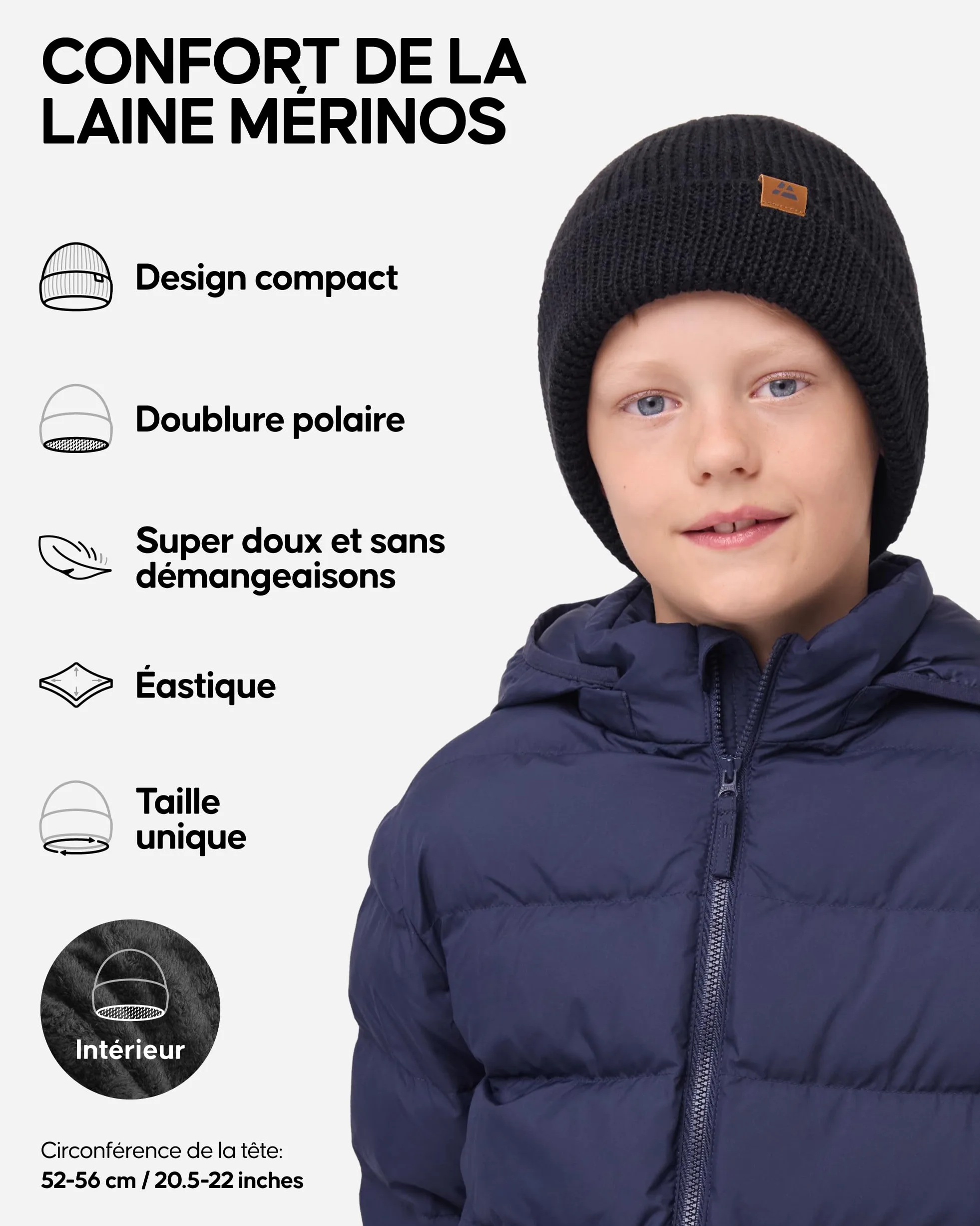 DANISH ENDURANCE Bonnet en Laine mérinos pour Enfants, Doublure Chaude en Polaire, Bonnet Thermique d'automne et d'hiver pour garçons et Filles, tricoté, Unisexe
