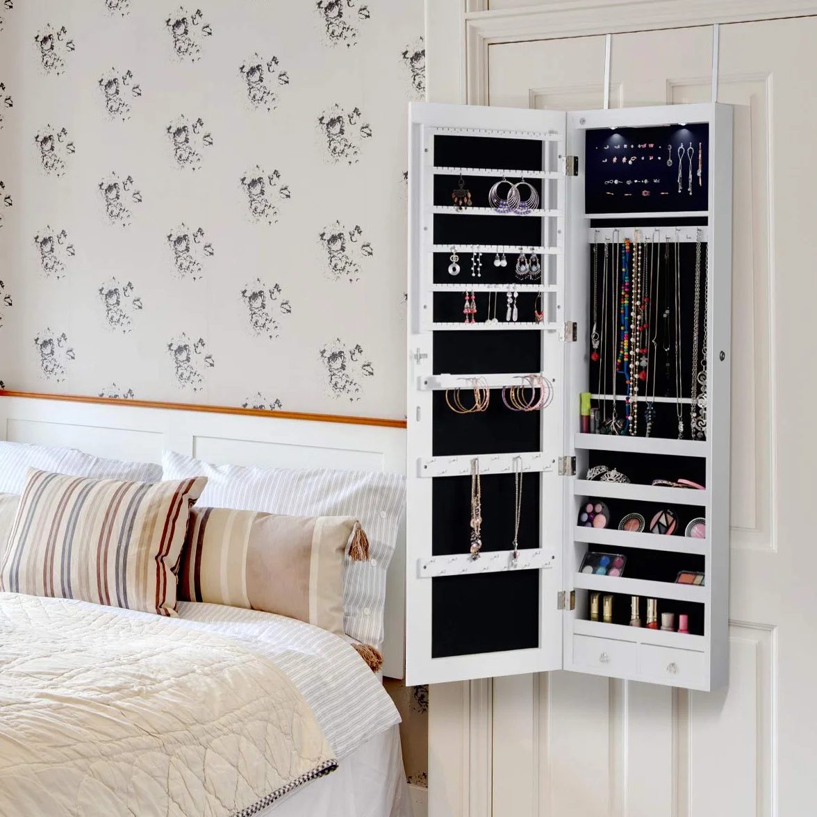 GIANTEX Armoire à Bijoux avec Miroir, Porte Bijoux Mural avec Lumière LED, Rangement avec Miroir Porte,Verrouillable (Blanc)